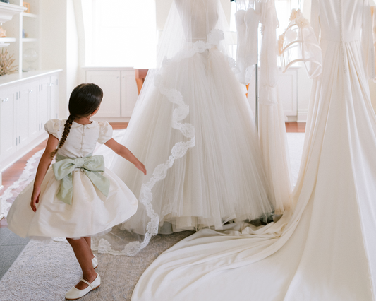 The rachel VIP flower girl dress with Pale Sage Pop Up sash for Olivia's Culpo Wedding