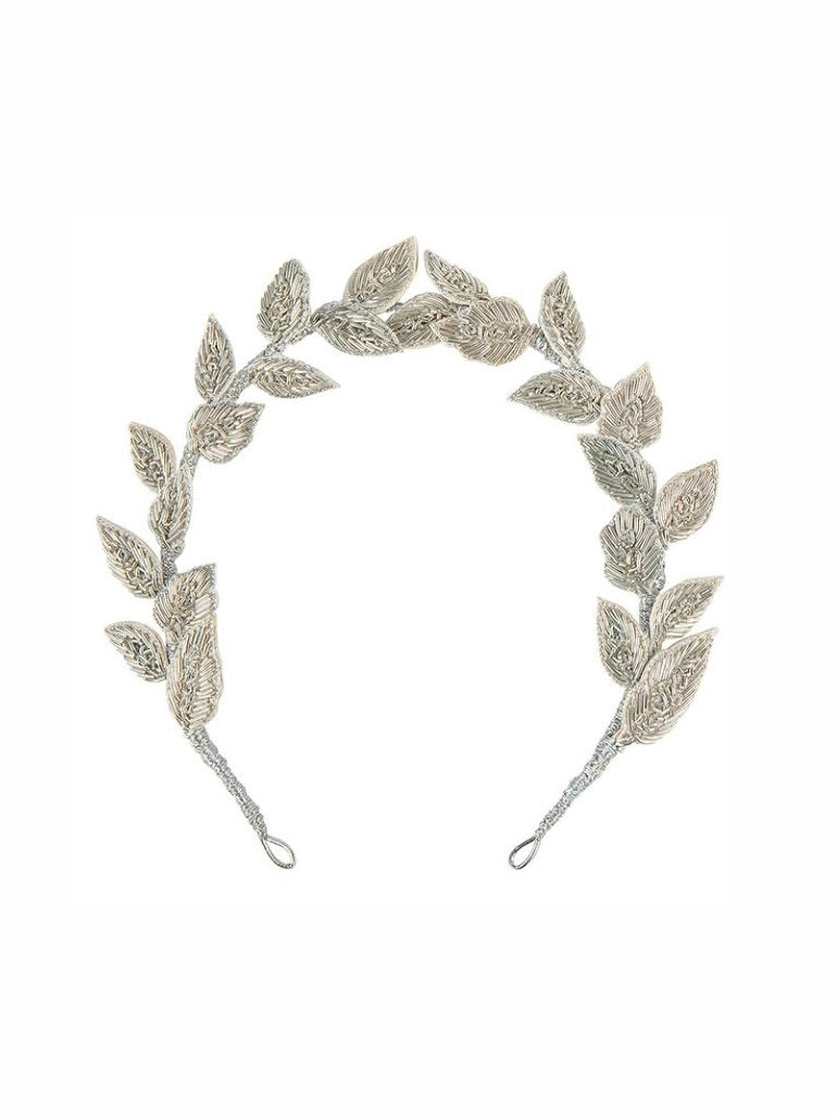 The Charlotte Crown, a handmade floral crown with embroidered leaves and flowers, flexible wire base for adjustable positioning. Available in full and mini sizes for children and adults.