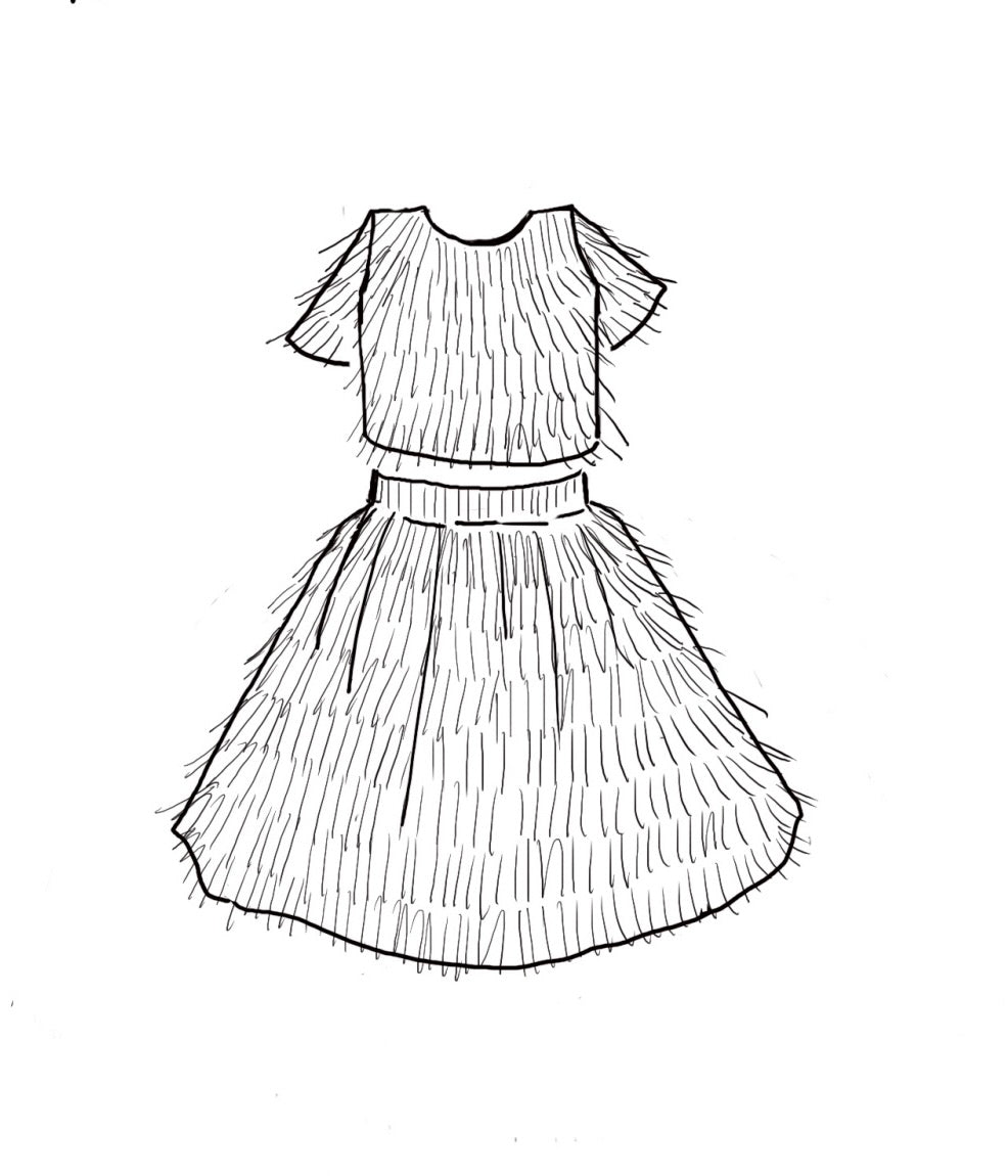 The Vera, a statement two-piece fringe ensemble featuring a cap sleeve top and separate skirt lined with soft tulle. Designed for movement with rows of silky fringe from top to bottom. Fully lined in silk with a back zip closure. Handcrafted in Brooklyn from satin, poly-blend fringe, and silk, with optional personalized embroidery. Perfect for weddings, parties, and special occasions.