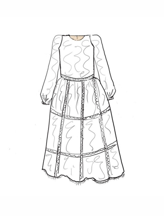 The Barbara, a bohemian heirloom dress featuring six types of vintage-inspired lace for a modern twist on a classic silhouette. Designed with sheer sleeves, a cotton batiste bodice, and a flowing skirt for effortless elegance. Fully lined in silky soft fabric with a back zip closure. Handcrafted in Brooklyn from lace, cotton, and silk, with optional personalized embroidery and an adjustable petticoat for added volume. Perfect for weddings, vintage-inspired events, and special occasions.