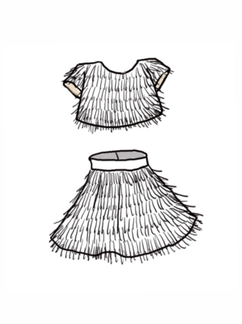 The Minnie, a playful two-piece fringe outfit featuring a cap sleeve top and separate skirt with a tulle lining for extra movement. Designed with rows of silky fringe from top to bottom for maximum fun and flair. Fully lined in silk with a back zip closure. Handcrafted in Brooklyn from satin, poly-blend fringe, and silk, with optional personalized embroidery. Perfect for weddings, parties, and special occasions.