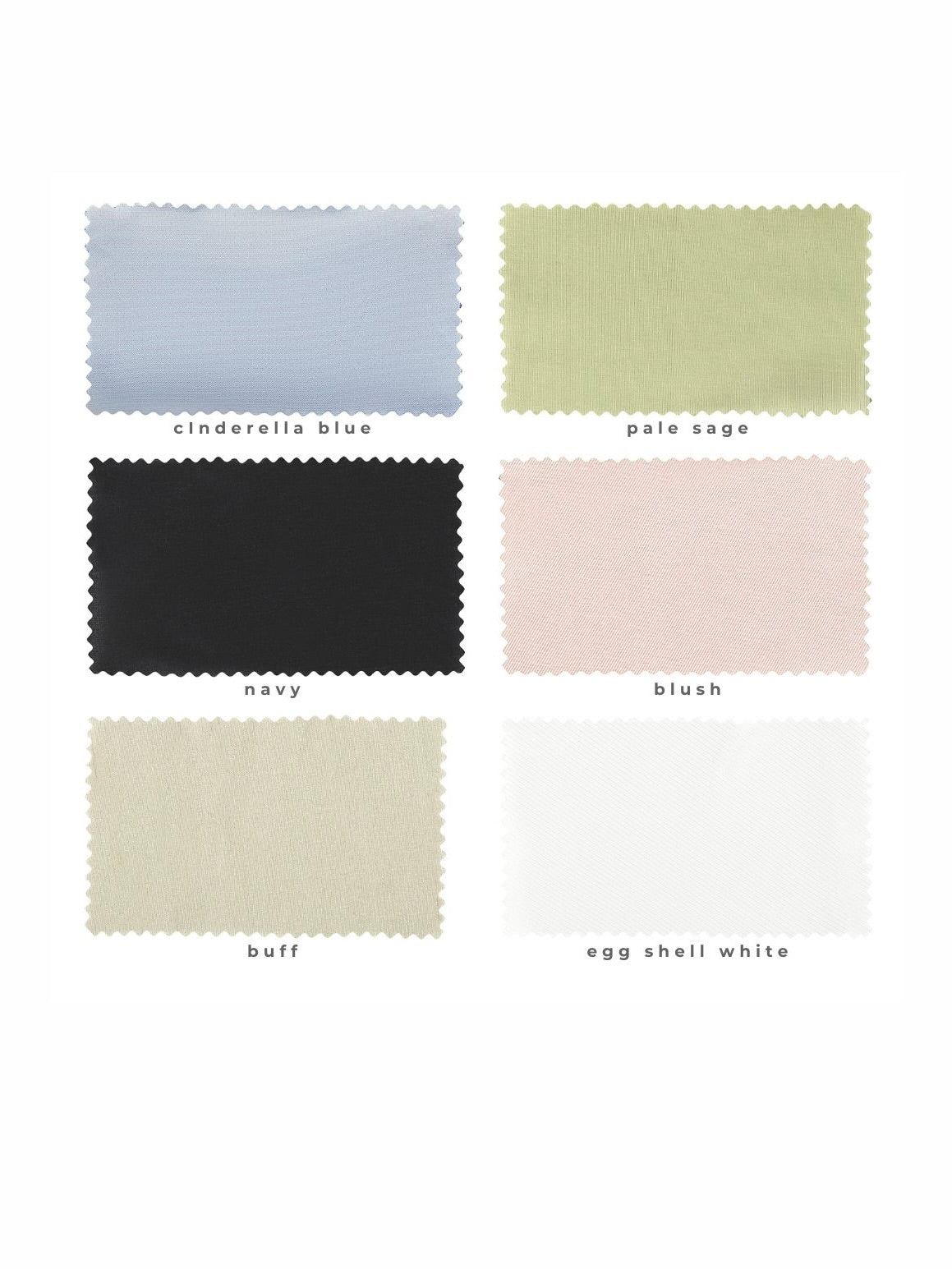 Fabric swatches in six elegant colors: Cinderella Blue, Pale Sage, Navy, Blush, Buff, and Egg Shell White. Perfect for custom formalwear, page boy outfits, and wedding accessories