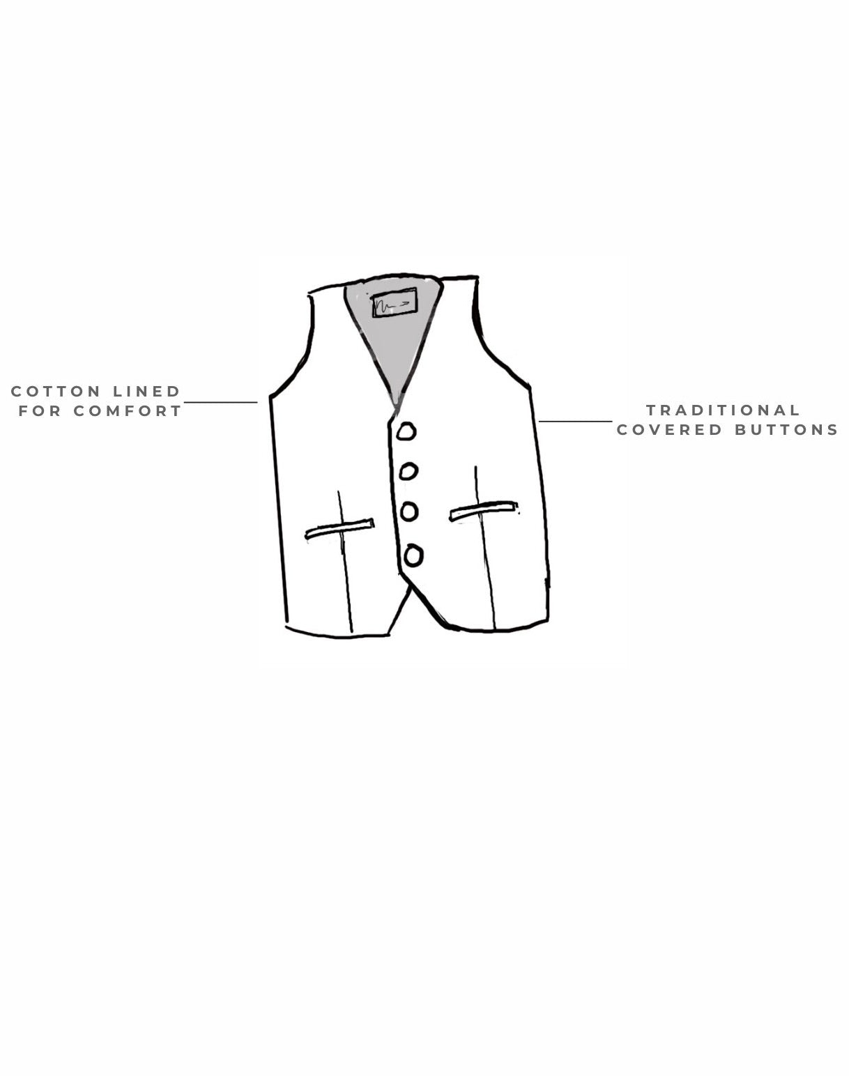 The Ring Bearer Waistcoat – a handcrafted wool suiting vest with cotton seersucker lining for comfort and elegance. Features grosgrain finishing, adjustable waistband, and slip closure. Perfect for weddings and formal occasions. Available in standard sizing or made-to-measure.