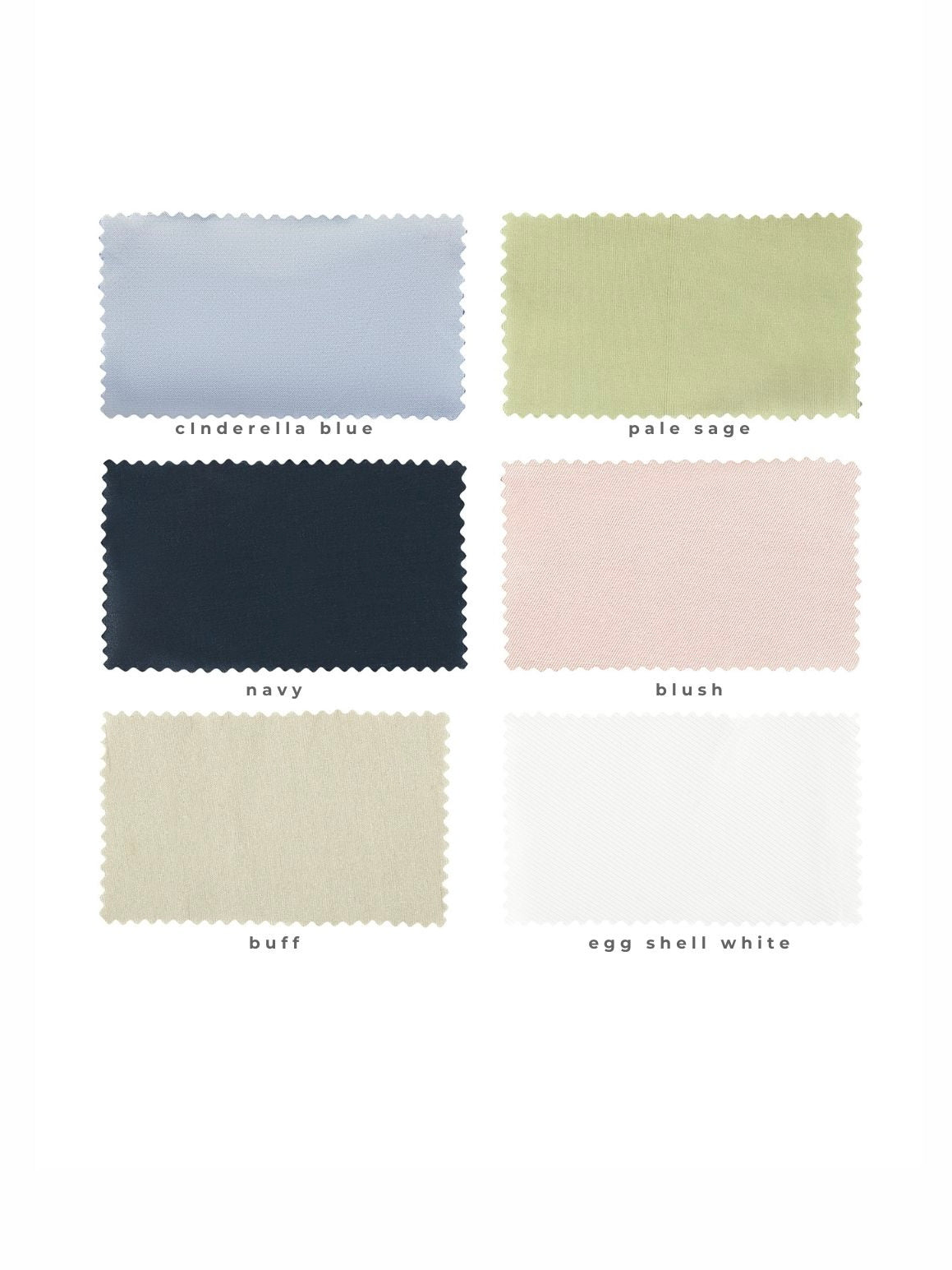 Fabric swatches in six elegant colors: Cinderella Blue, Pale Sage, Navy, Blush, Buff, and Egg Shell White. Perfect for custom formalwear, page boy outfits, and wedding accessories