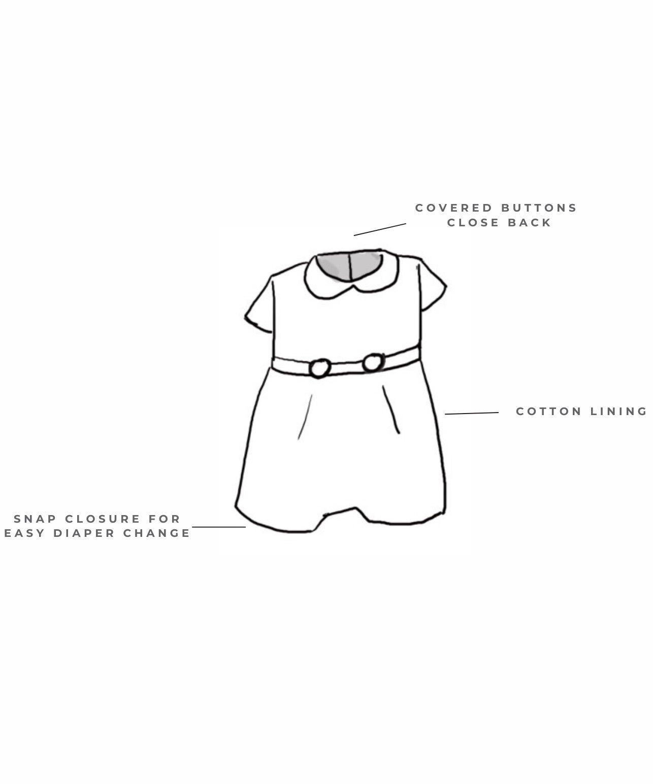 Baby Romper with traditional Peter Pan collar, front and back covered buttons, and cotton lining. Perfect for weddings, featuring snaps at legs for easy dressing. Made from high-quality Italian cotton with a satin base option