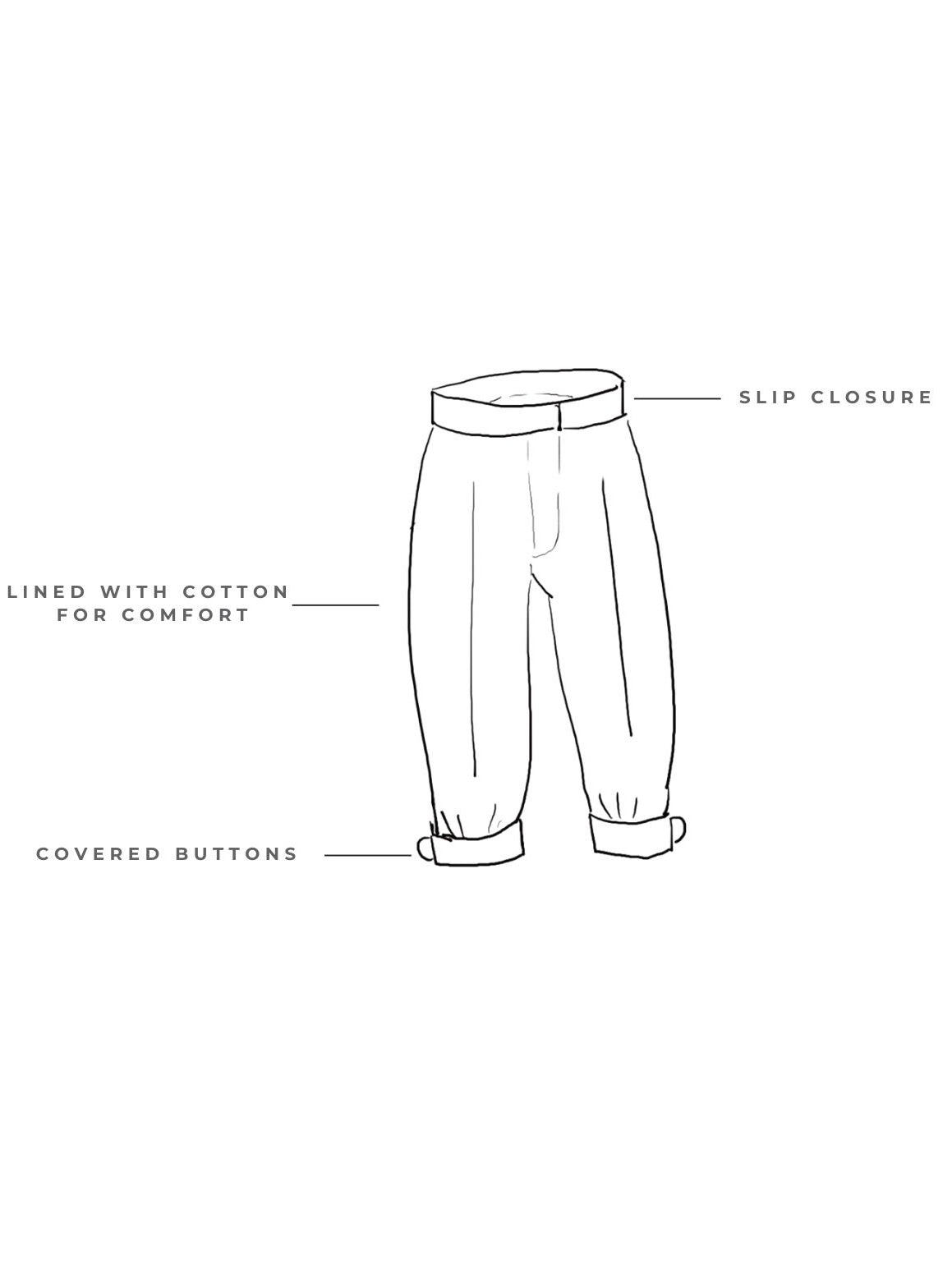 Traditional Knickerbockers in satin, available in six standard shades or custom color-matched. Features covered button cuffs, a modern slip closure at the waist, and a soft cotton lining for comfort. Handcrafted in Brooklyn with optional personalized embroidery. Perfect for weddings, page boy outfits, and formal occasions.