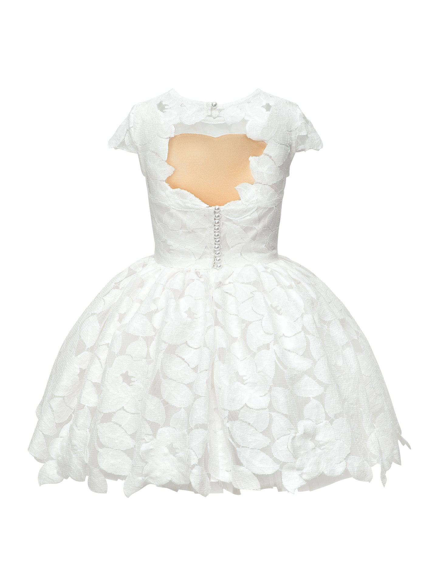 Flower girl dress in handcrafted cotton floral lace with keyhole back, pearl button, and full twirl-worthy skirt – perfect for weddings and special occasions