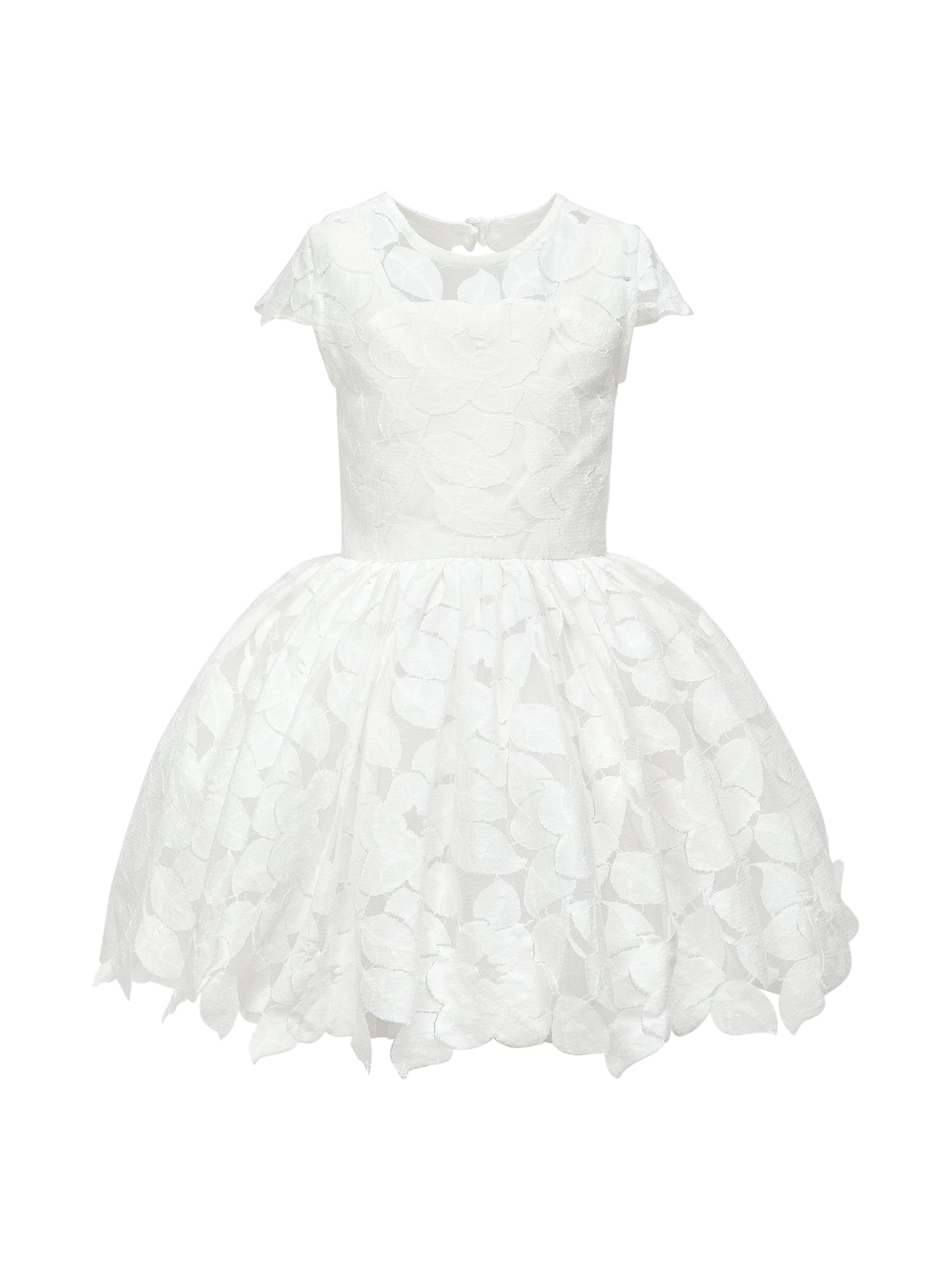 Flower girl dress in handcrafted cotton floral lace with keyhole back, pearl button, and full twirl-worthy skirt – perfect for weddings and special occasions