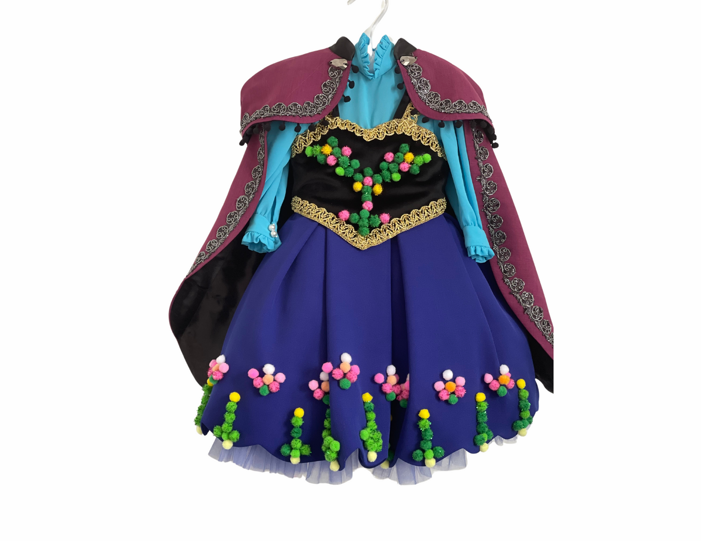 Anna Frozen costume dress for kids with ombré sequins, mesh sleeves, and floor-length detachable cape
