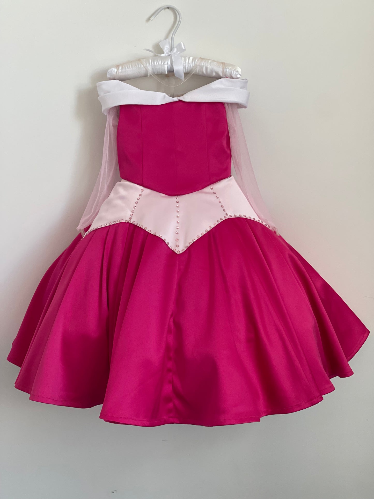 Aurora Dress-Up Costume with satin shades, Swarovski crystal detailing and power mesh sleeves. Perfect for imaginative play, birthday and Halloween