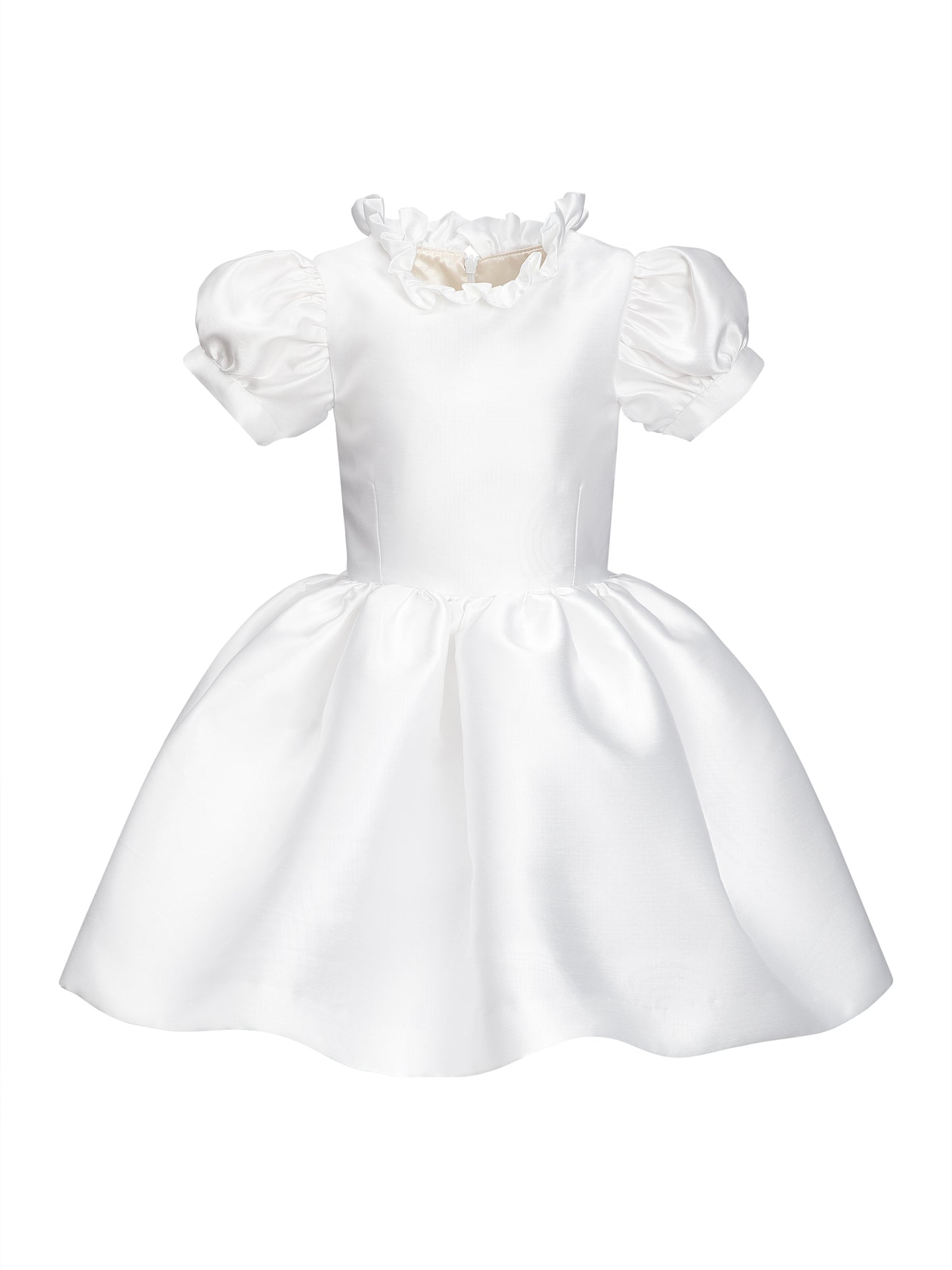 The Diana flower girl dress with princess seams, puff sleeves, and a ruffle neckline. Elegant satin, silk, and tulle gown, handcrafted in Brooklyn. Lined with silky soft fabric for comfort, with optional personalized embroidery. Perfect for weddings, formal occasions, and special events.