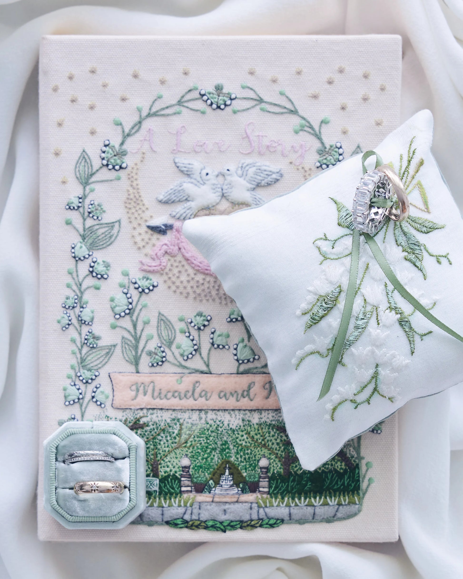 custom-made ring bear pillow, machine or hand-embroidered monograms