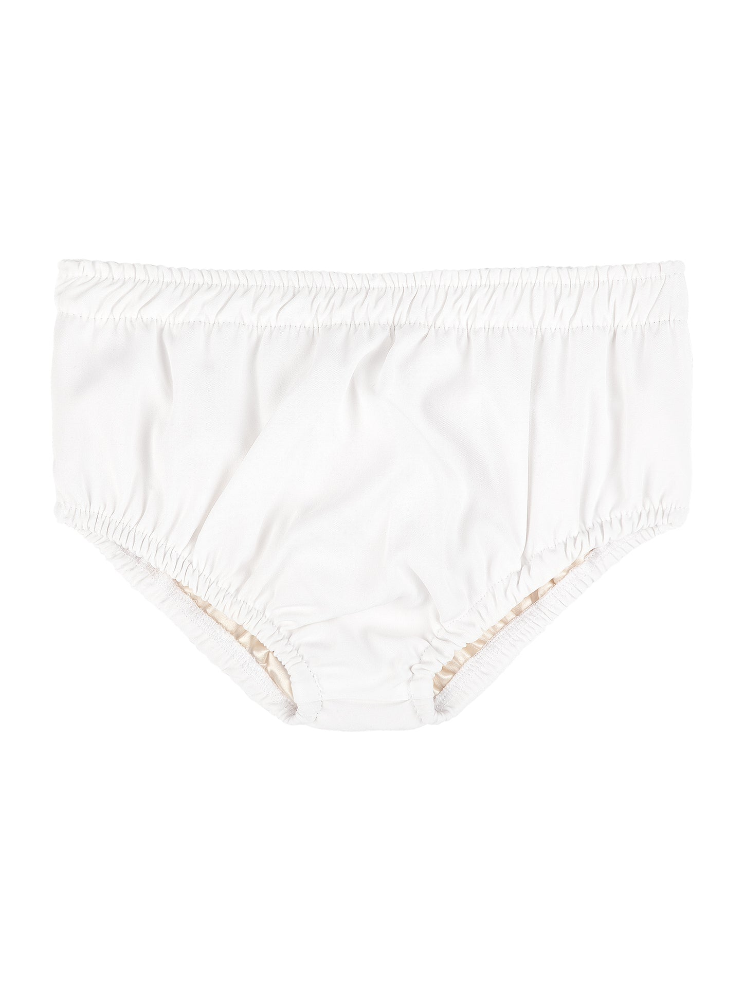 A classic white diaper cover with soft elastic at the waist and legs, designed for comfort and easy layering under dresses for polished photos.