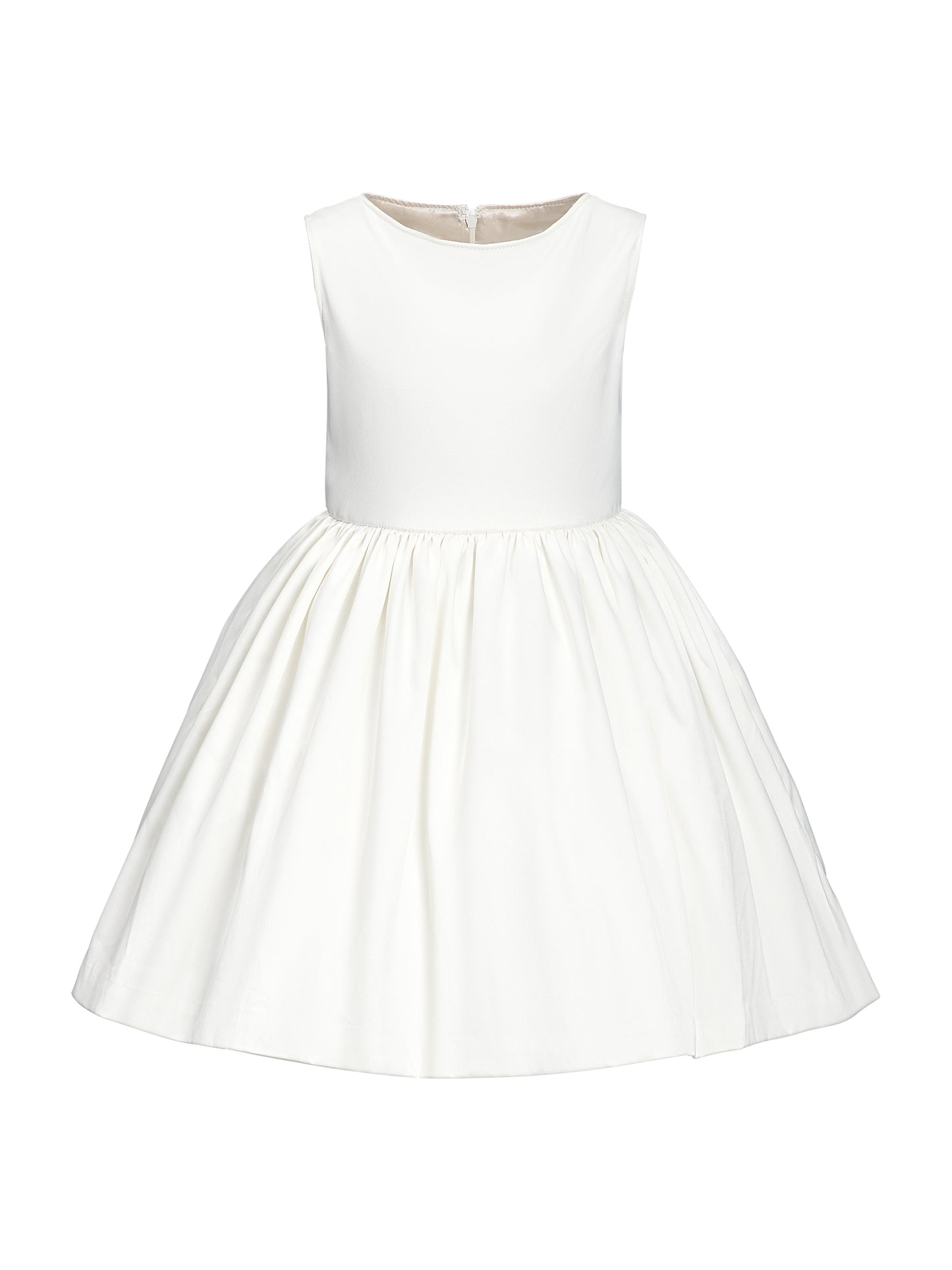 The Basic dress, a timeless sleeveless design perfect for pairing with a custom sash or wearing as a minimalist statement. Features a back zip closure, adjustable petticoat volume, and silky soft lining for comfort. Handcrafted in Brooklyn from satin, silk, and tulle. Ideal for weddings, flower girls, and special occasions.