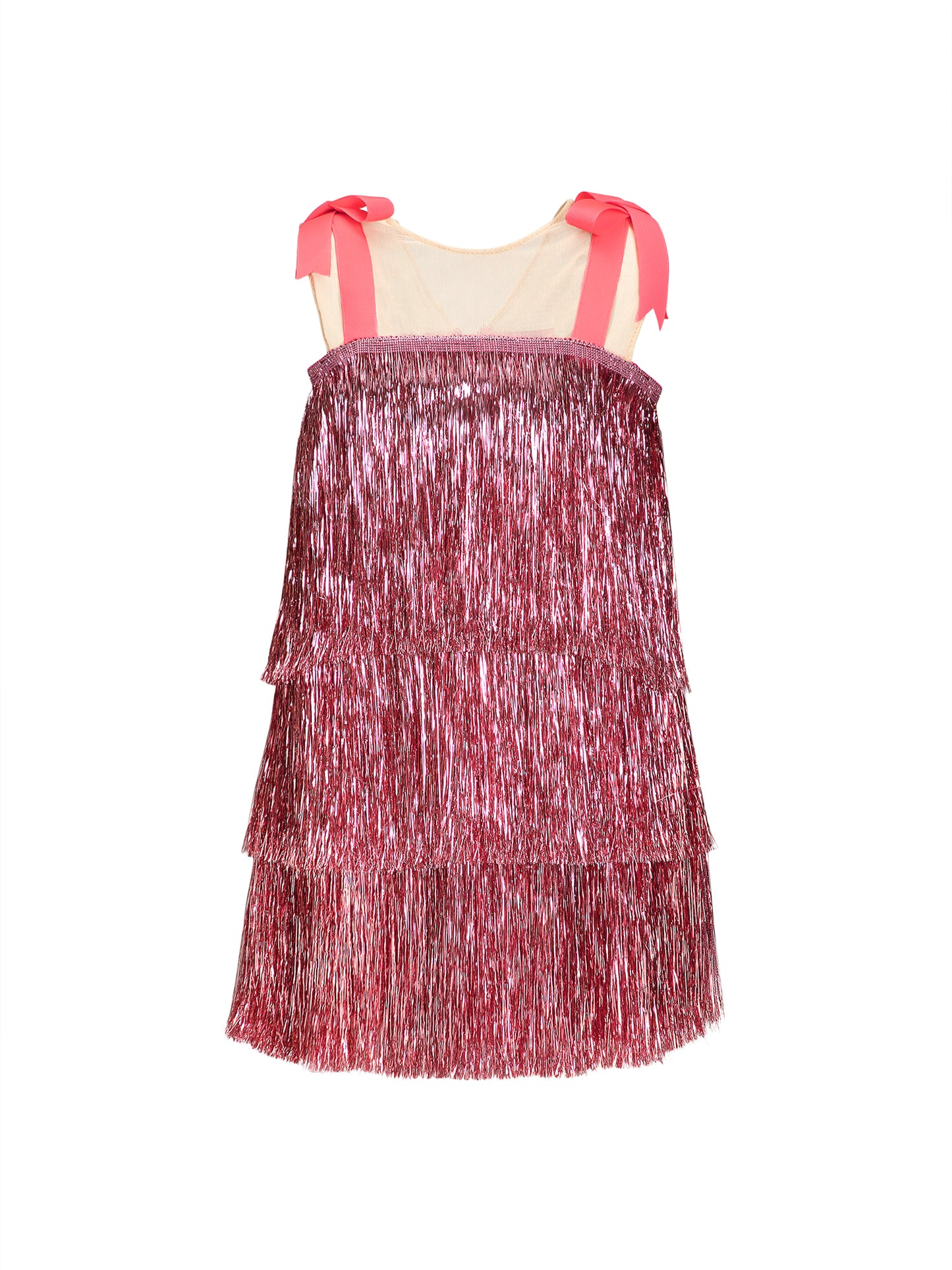 The Tinsel dress, a sparkling party gown with hand-cut tinsel arranged in rows for the perfect shimmy and shine. Features a nude illusion neckline, faux shoulder tie bows, and a silky soft lining for comfort. Back zipper closure and handcrafted in Brooklyn. Perfect for festive celebrations, weddings, and special occasions.