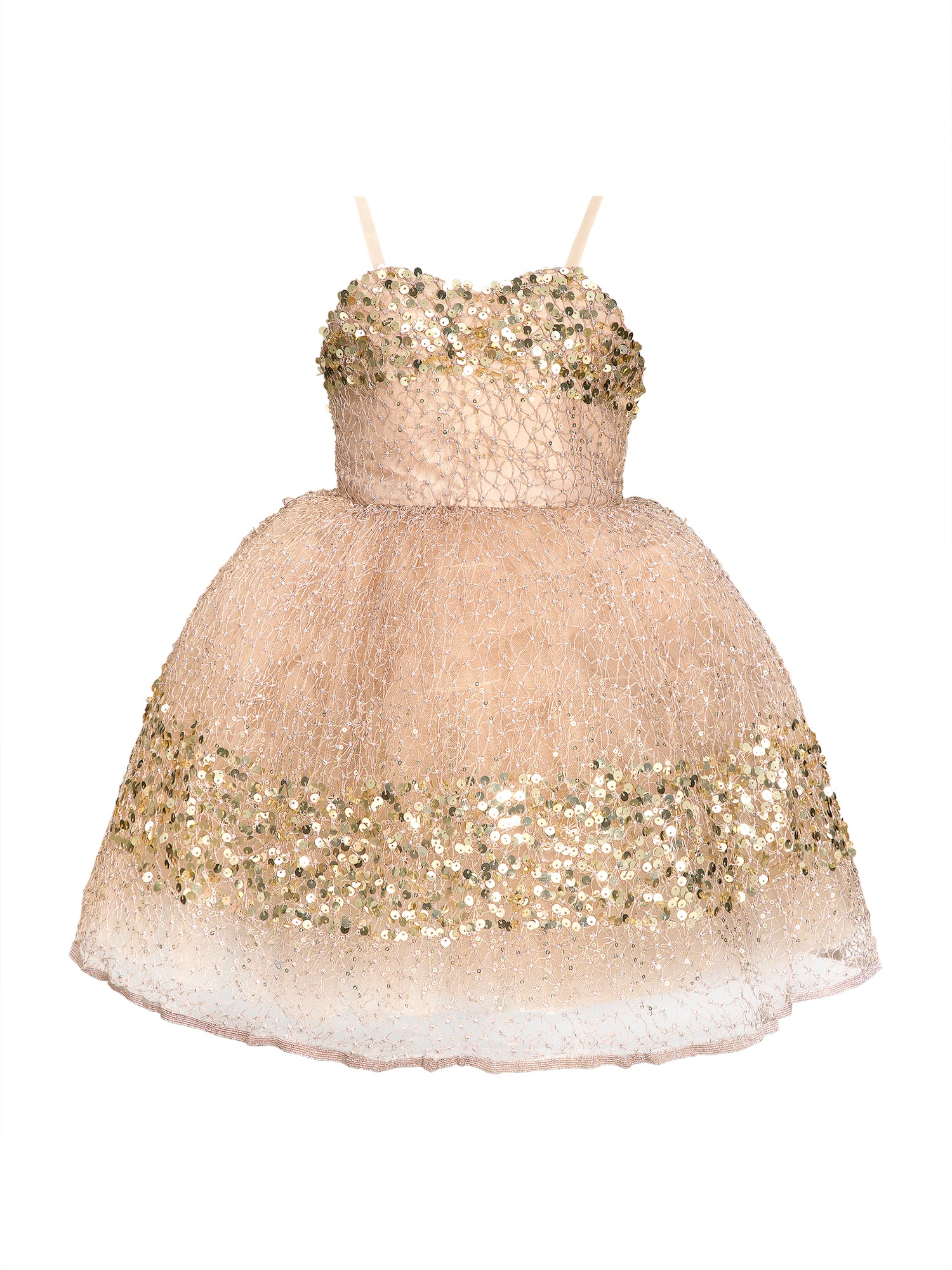 The Constellation flower girl dress, a sparkling gown with glittery paillettes and woven metallic threads over a voluminous petticoat. Features adjustable grosgrain ribbon straps, a back zip closure, and a silky soft lining for comfort. Handcrafted in Brooklyn from silk, tulle, and satin, with optional personalized embroidery. Perfect for weddings, parties, and special occasions.