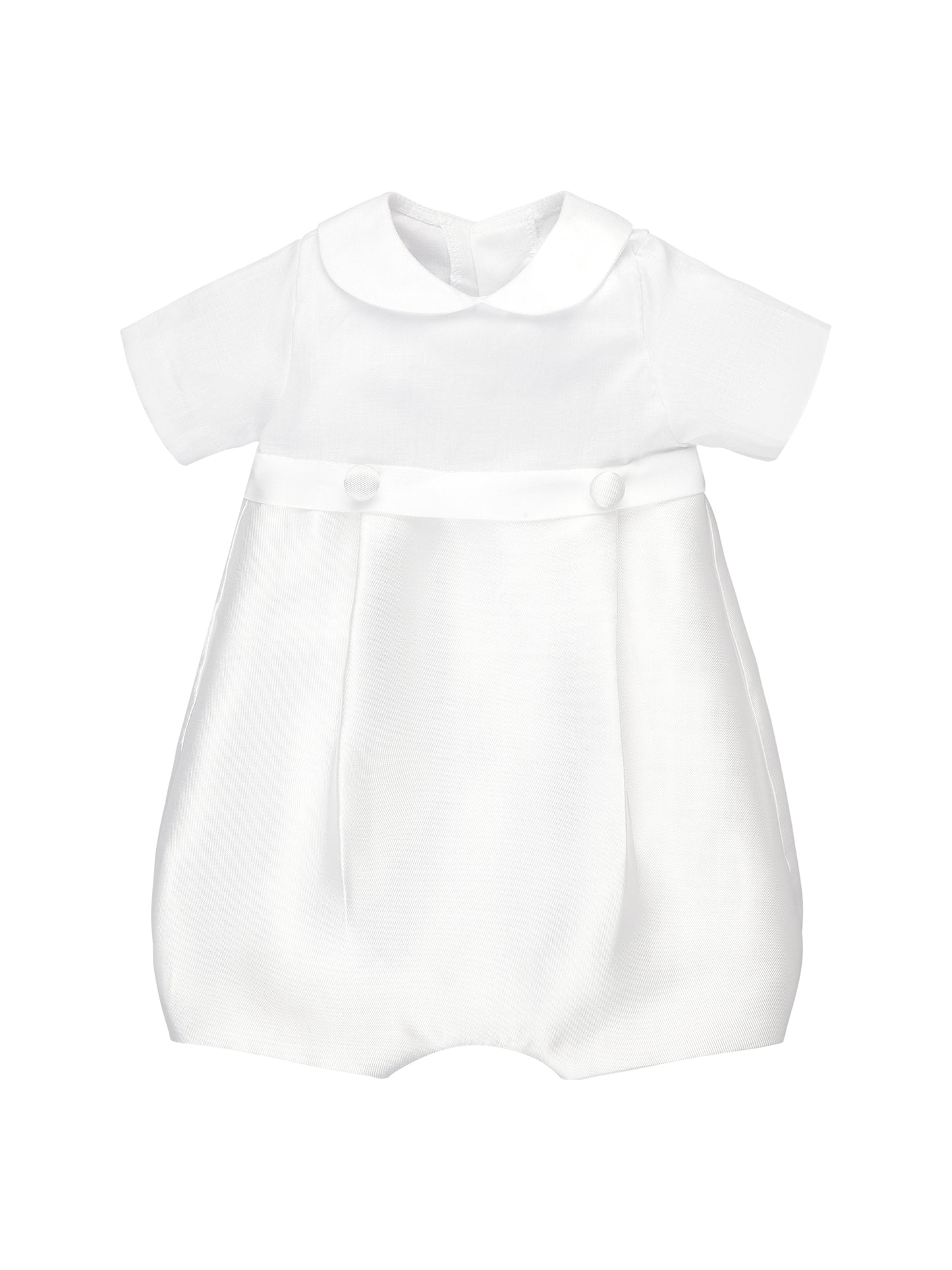 Baby Romper with traditional Peter Pan collar, front and back covered buttons, and cotton lining. Perfect for weddings, featuring snaps at legs for easy dressing. Made from high-quality Italian cotton with a satin base option