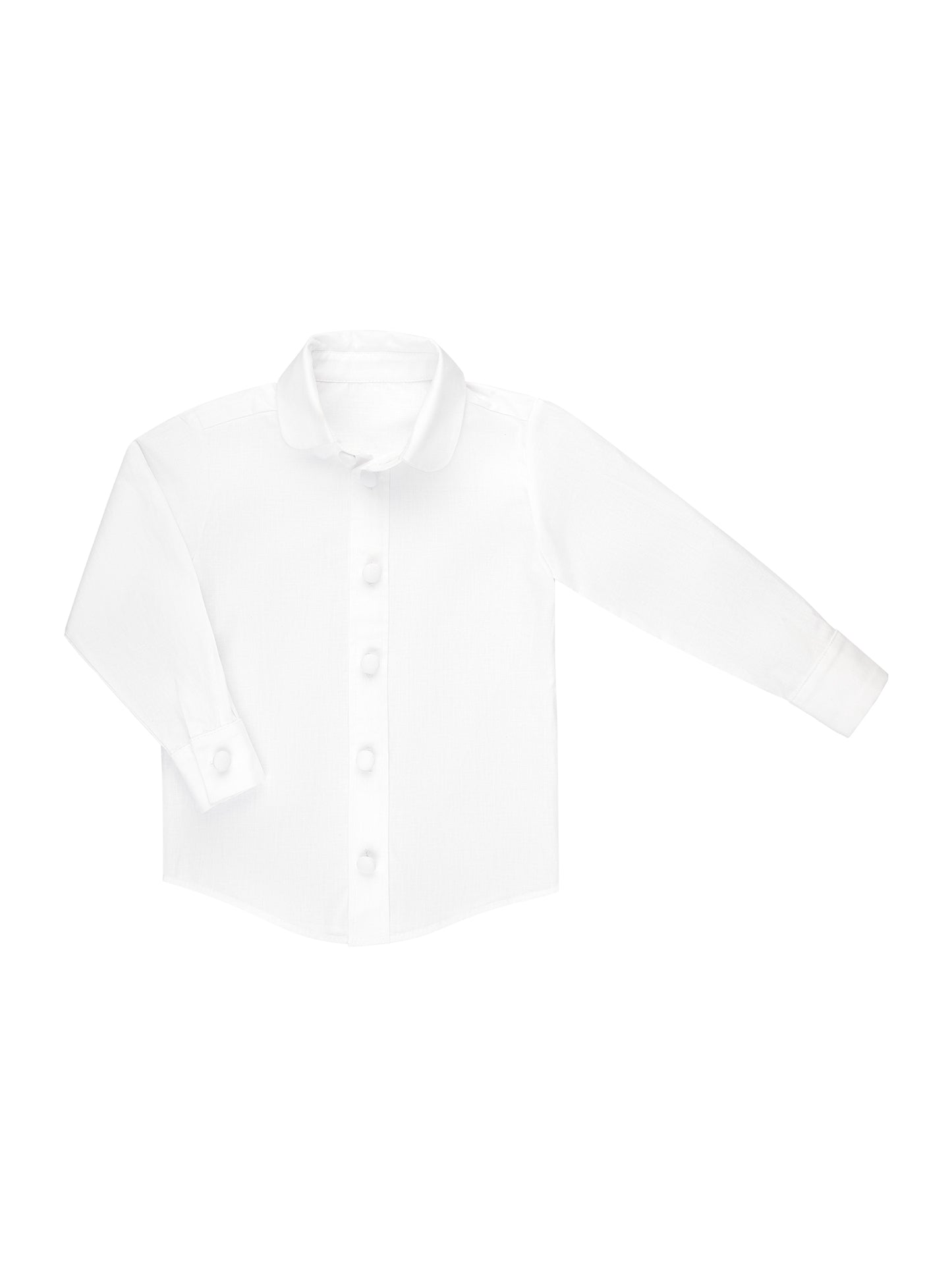 Elegant white Page Boy Shirt with Peter Pan collar and covered buttons. Made from premium Italian cotton, perfect for weddings and formal occasions. Custom color options available.