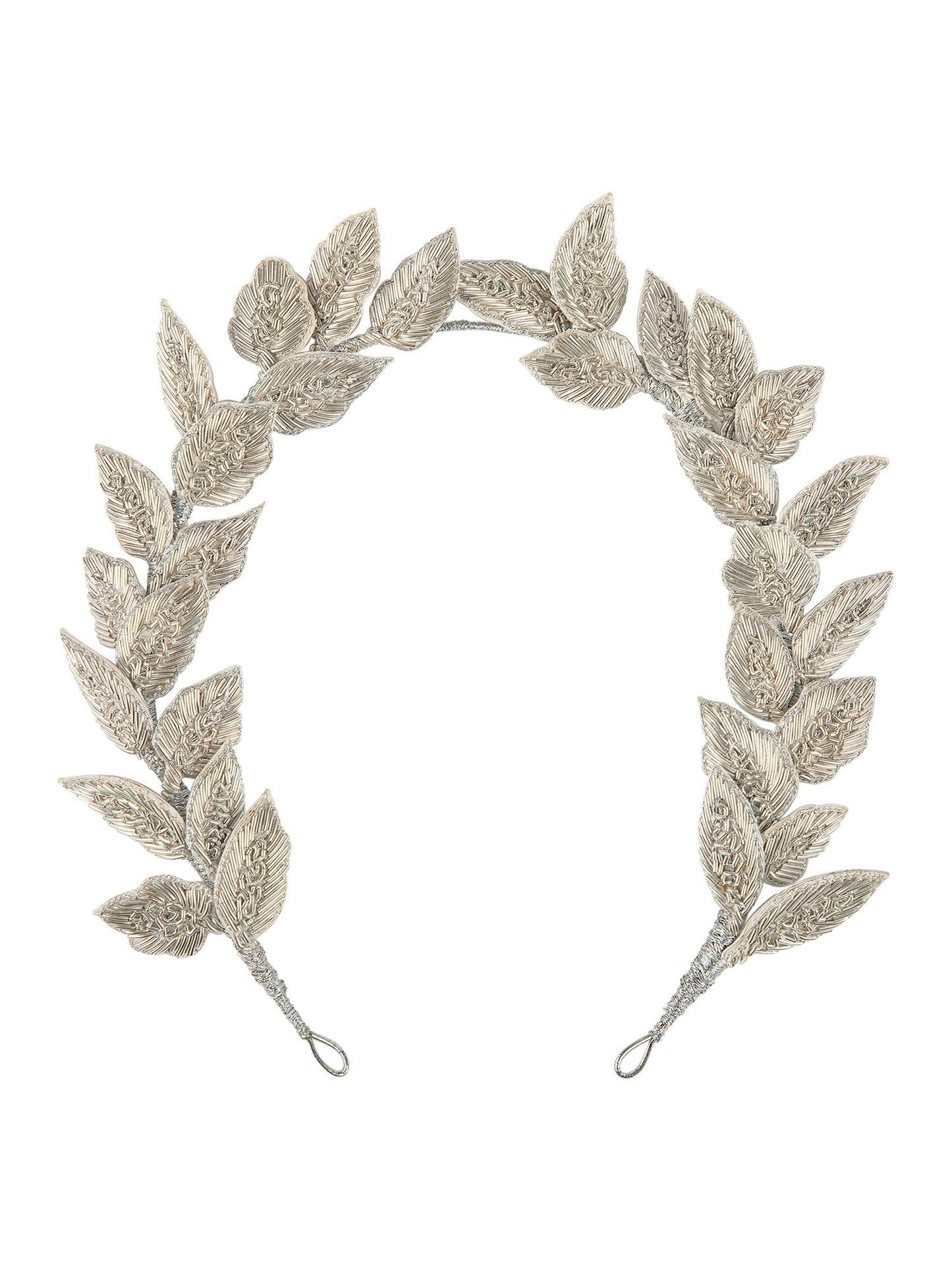The Charlotte Crown, a handmade floral crown with embroidered leaves and flowers, flexible wire base for adjustable positioning. Available in full and mini sizes for children and adults.