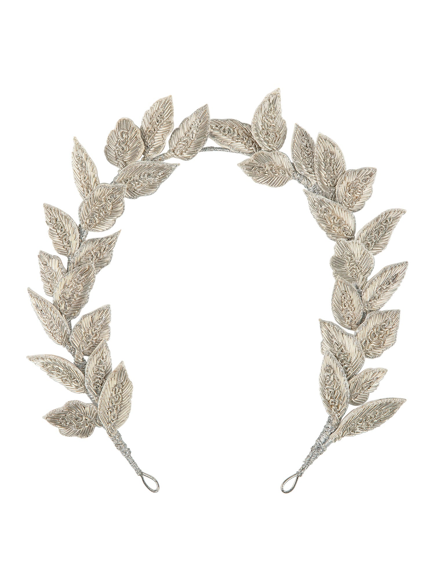 The Charlotte Crown, a handmade floral crown with embroidered leaves and flowers, flexible wire base for adjustable positioning. Available in full and mini sizes for children and adults.