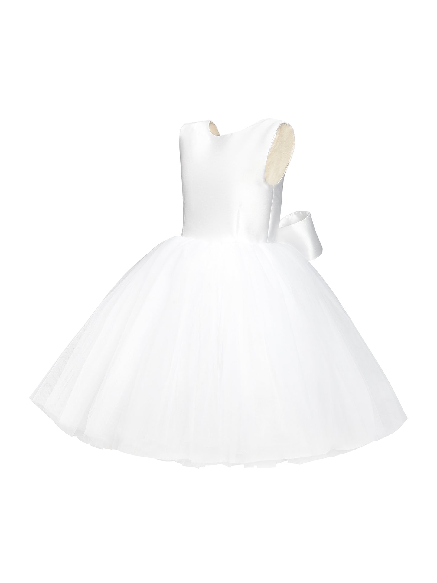 Front view of tulle communion dress with full skirt and satin – The Kimberly by Doloris Petunia