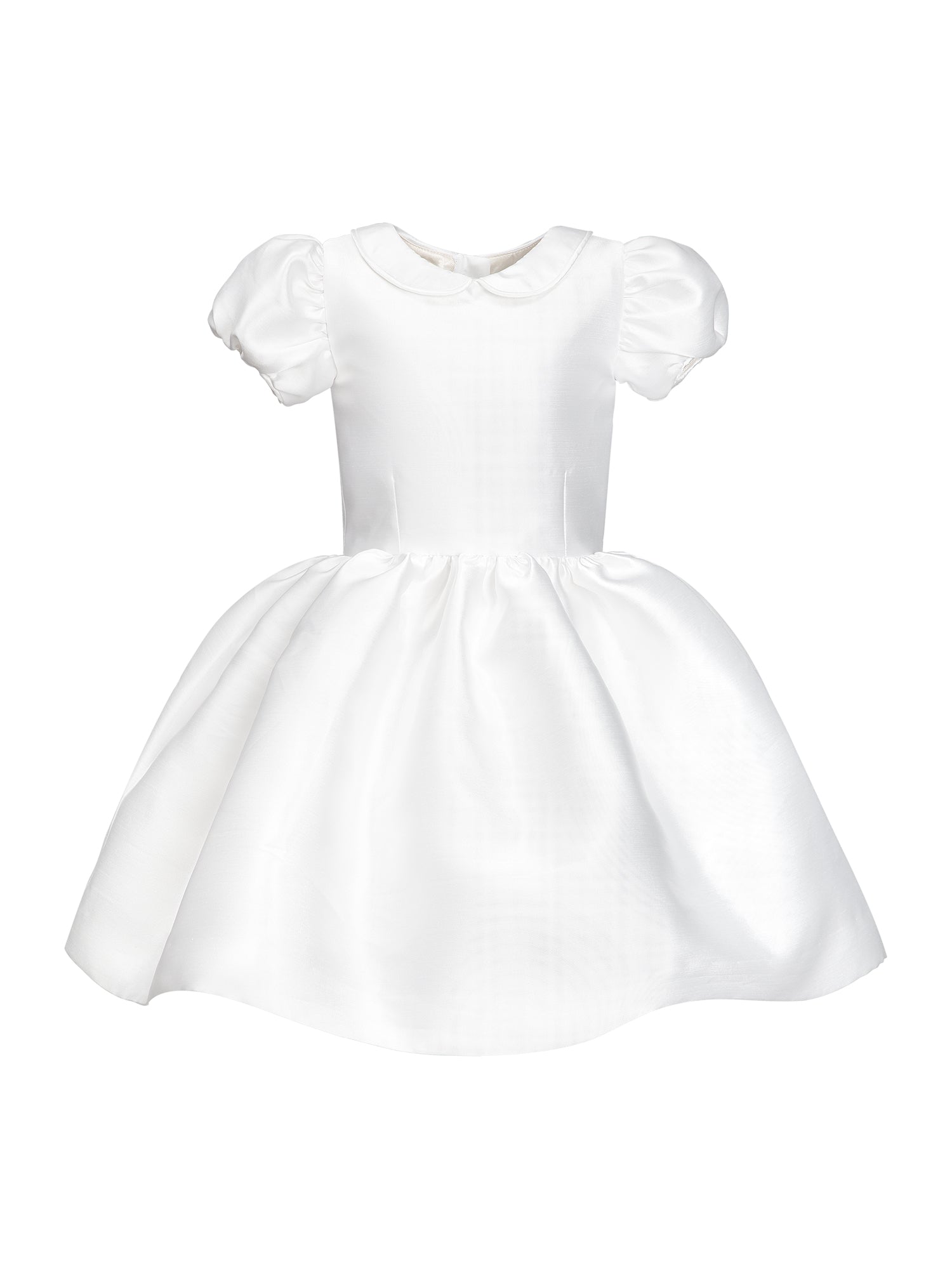 The Rachel VIP satin flower girl dress with pleated skirt, peter pan collar, and covered buttons – elegant choice for weddings and communions.