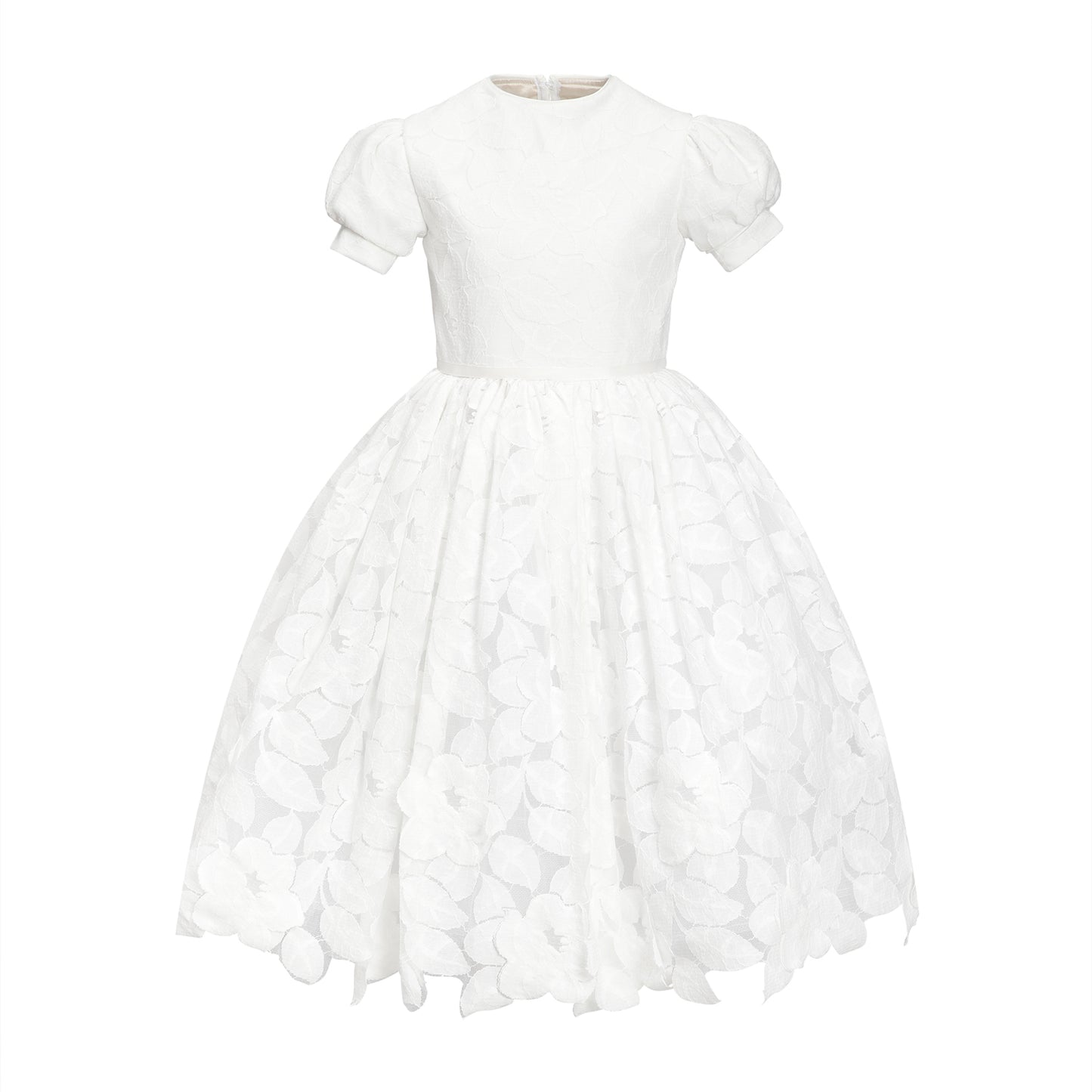 The Royal Annabelle lace flower girl and communion dress with puff sleeves, pearl buttons, and a full twirling skirt.