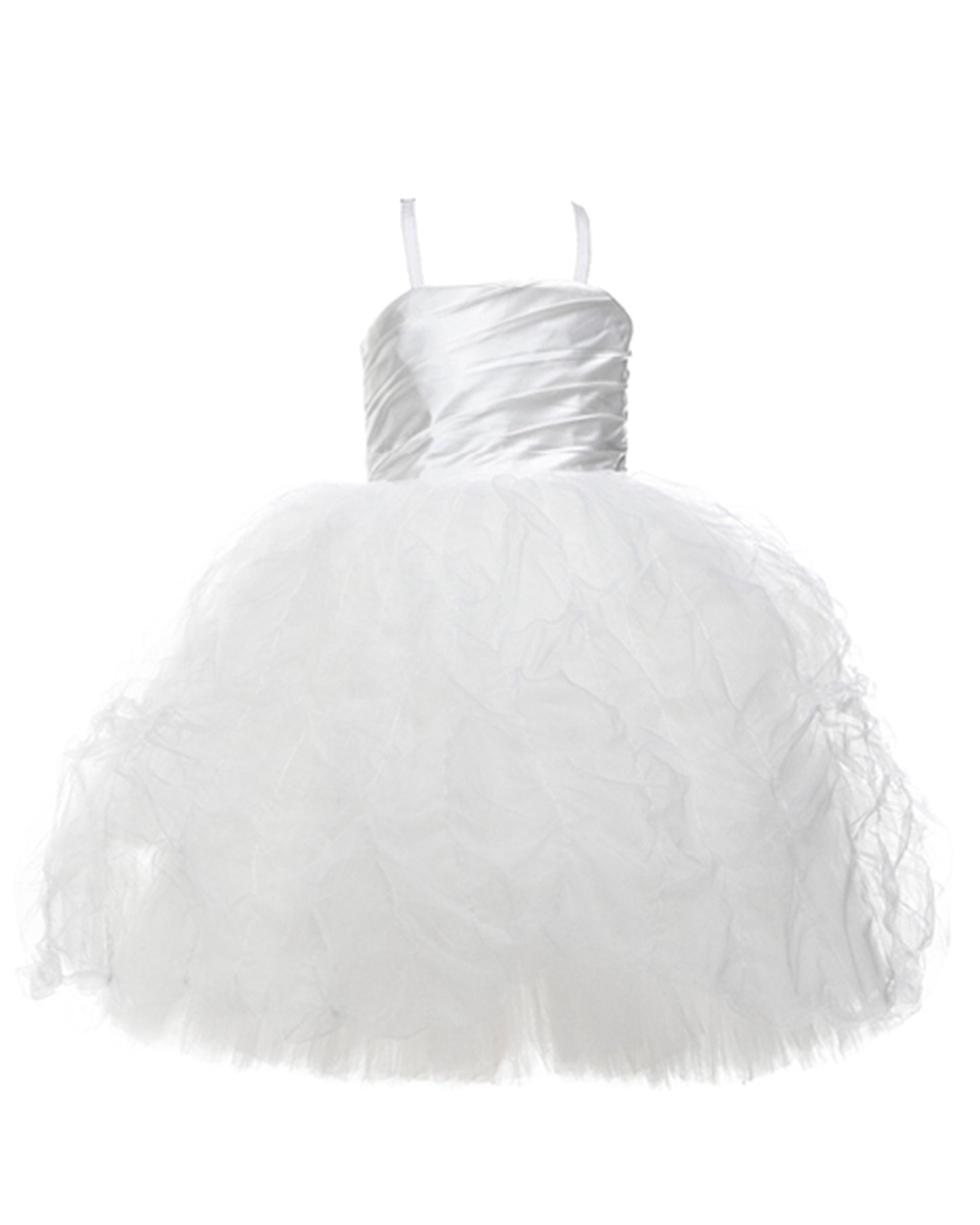 The Lauren flower girl dress with satin bodice, ethereal tulle and pleated English net skirt, grosgrain trim, and covered buttons - perfect for weddings