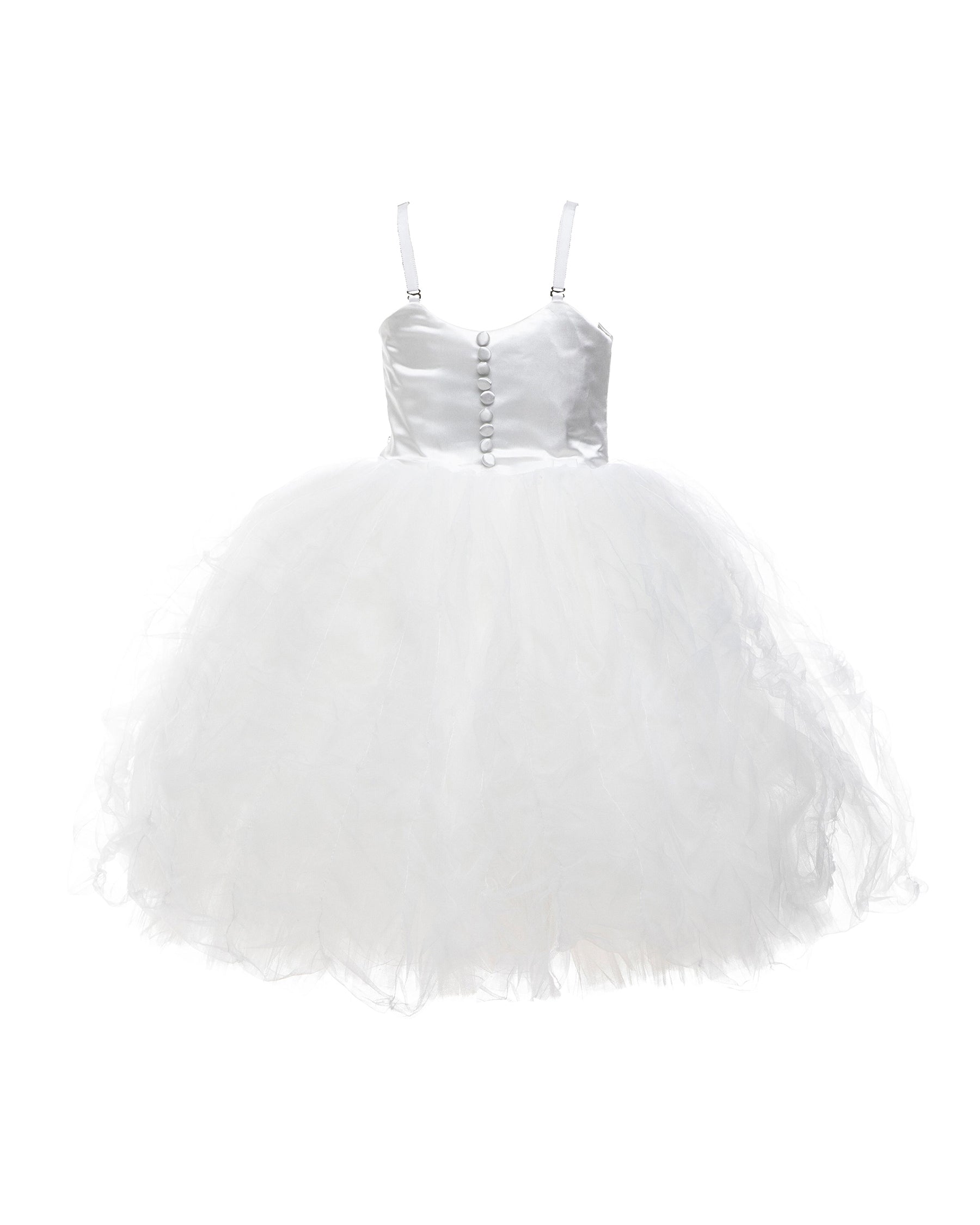 The Lauren flower girl dress with satin bodice, ethereal tulle and pleated English net skirt, grosgrain trim, and covered buttons - perfect for weddings