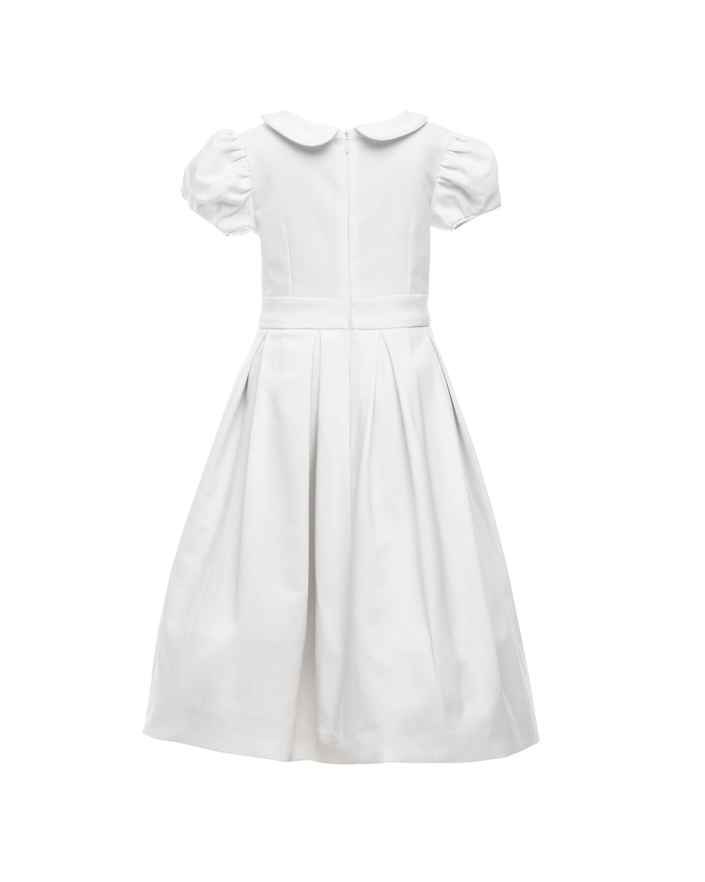 The Rachel – classic flower girl dress with precise seams, puffed sleeves, and a box-pleated skirt. Features a timeless Peter Pan collar, back zip closure, and adjustable petticoat volume. Crafted from satin, silk, and tulle with a silky soft lining, perfect for elegant weddings and special occasions.