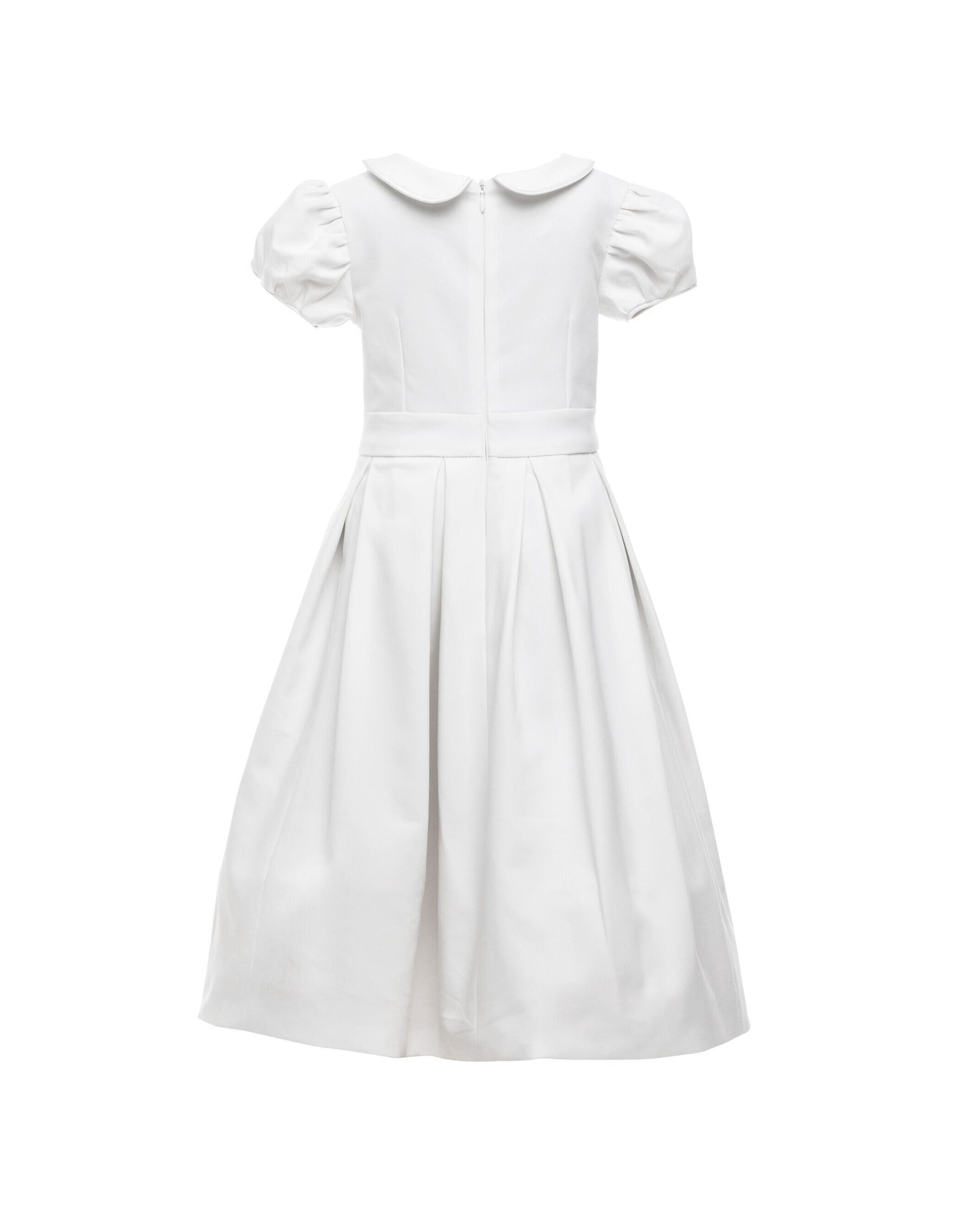 The Rachel – classic flower girl dress with precise seams, puffed sleeves, and a box-pleated skirt. Features a timeless Peter Pan collar, back zip closure, and adjustable petticoat volume. Crafted from satin, silk, and tulle with a silky soft lining, perfect for elegant weddings and special occasions.