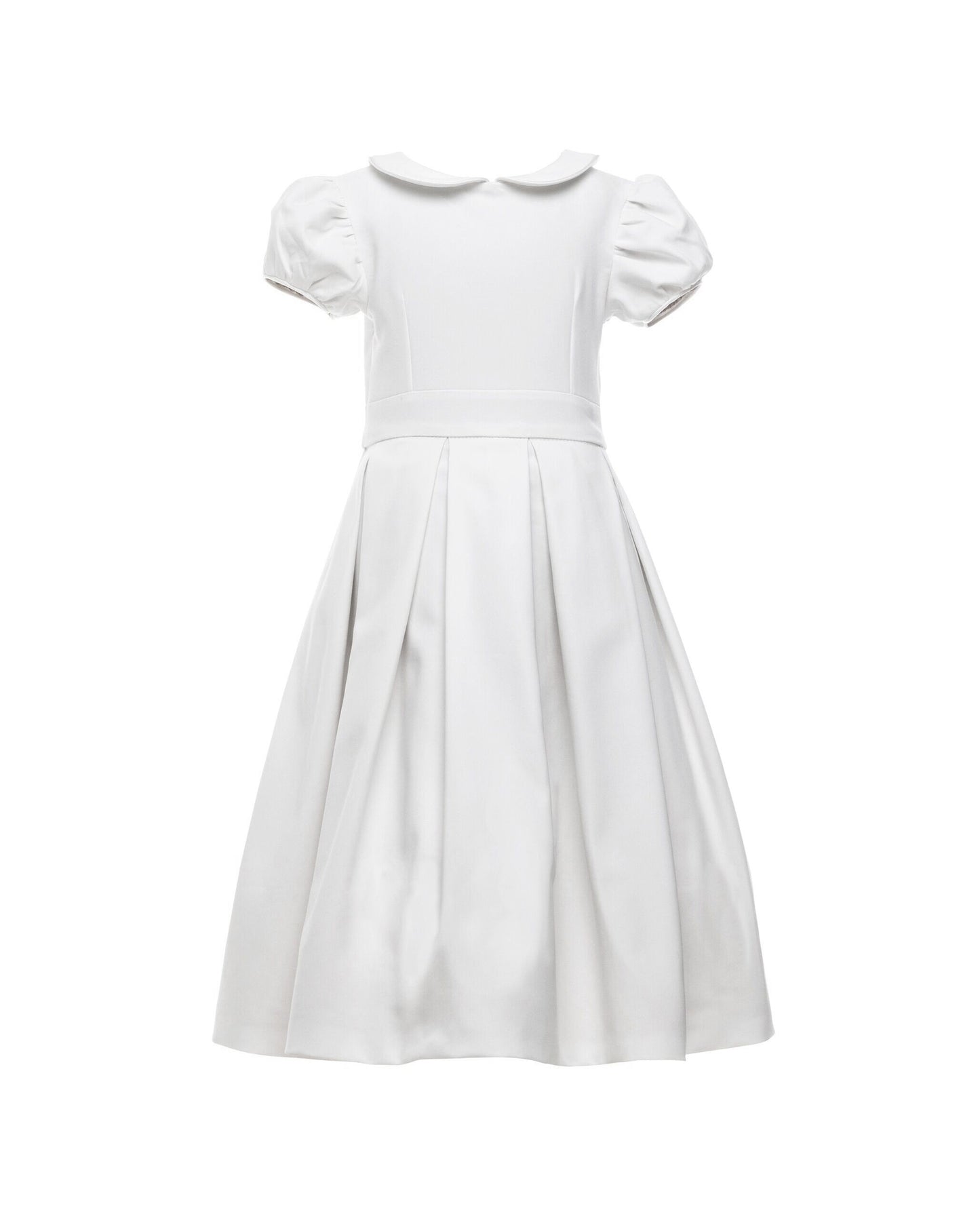 The Rachel – classic flower girl dress with precise seams, puffed sleeves, and a box-pleated skirt. Features a timeless Peter Pan collar, back zip closure, and adjustable petticoat volume. Crafted from satin, silk, and tulle with a silky soft lining, perfect for elegant weddings and special occasions.