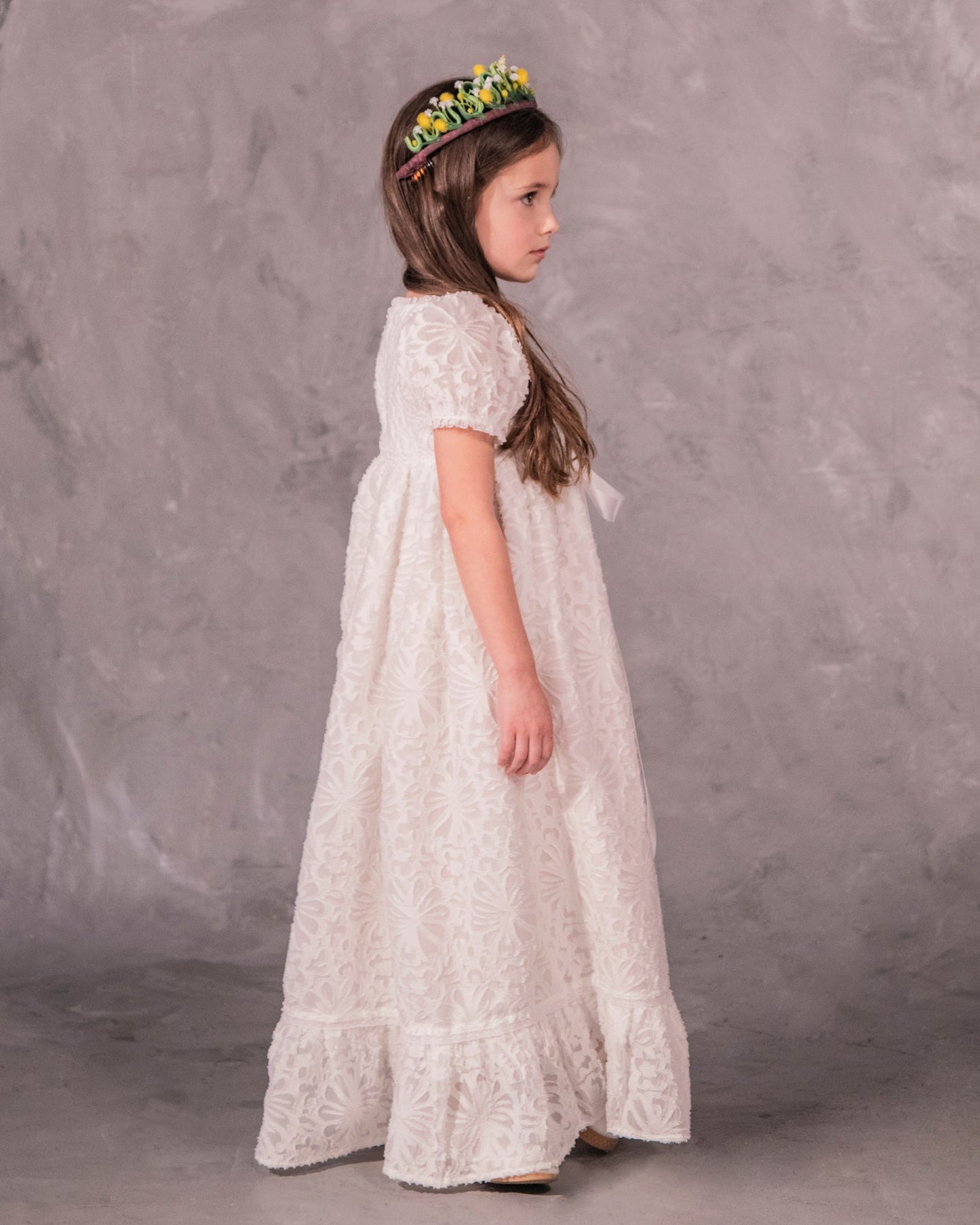 the Emma, lace flower girl dress, for a bohemian and royal wedding.