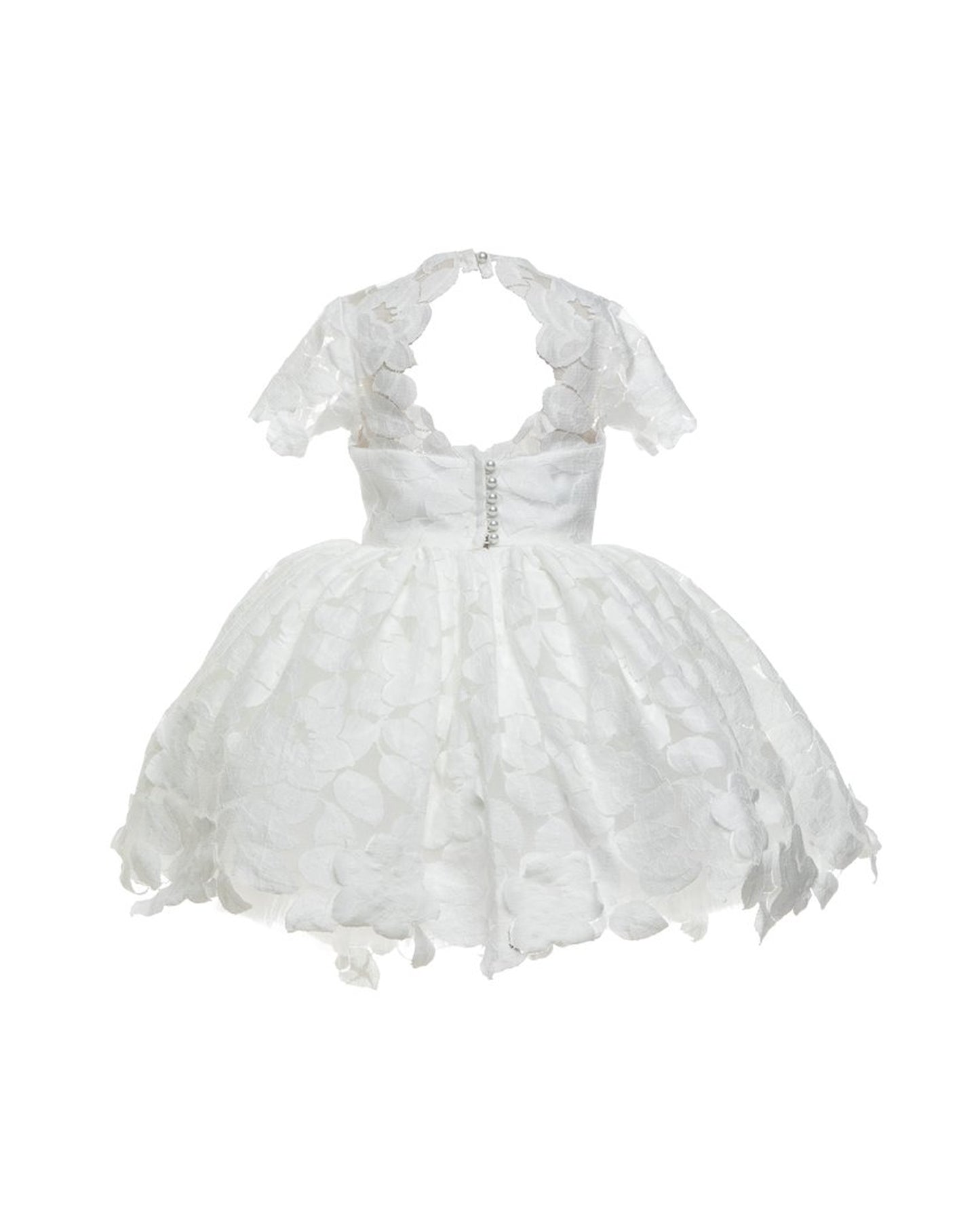 The Baby Annabelle – handcrafted cotton floral lace baby dress with a keyhole back and pearly button closure. Features a full twirl-worthy skirt, silky soft lining, and personalized embroidery. Perfect for first special occasions, weddings, communions, and celebrations