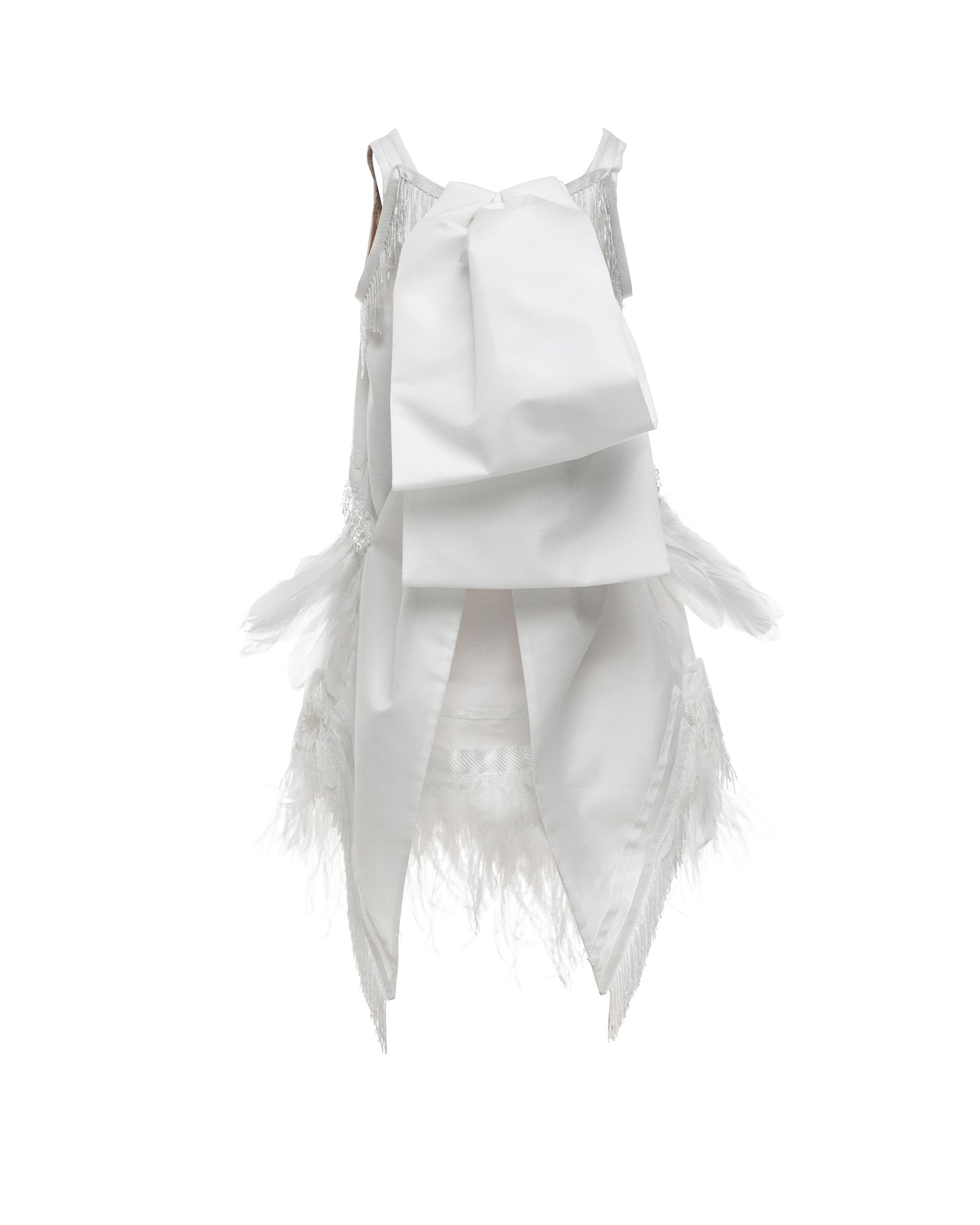 The Imogen, an art deco-inspired A-line dress featuring beaded fringe, silk, velvet, and a playful layer of ostrich feathers. Designed for movement and elegance, complete with an oversized satin bow. Fully lined with a silky soft finish and a side zip closure. Handcrafted in Brooklyn with optional personalized embroidery. Perfect for weddings, parties, and special occasions.