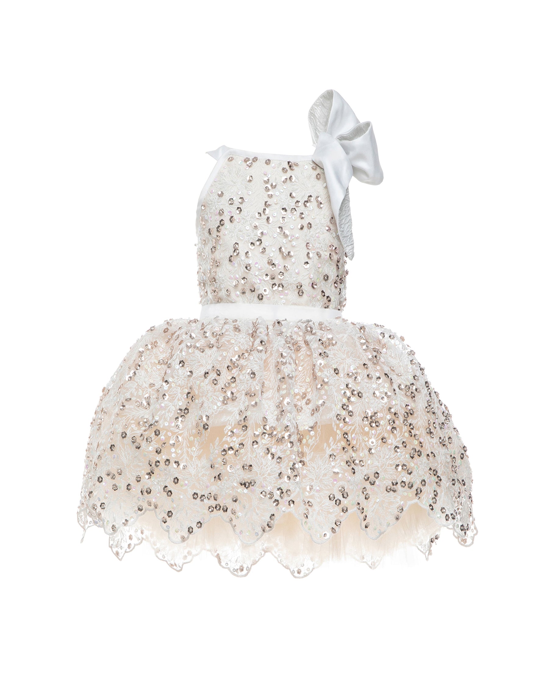 The Katy, a stunning party dress featuring hand-embroidered beading across the bodice and an extra-full skirt for maximum twirl. A velvet ribbon waist and a French-wired silk and brocade shoulder bow add a touch of elegance. Fully lined in silky soft fabric for comfort. Handcrafted in Brooklyn from beaded net, satin, tulle, and silk, with optional personalized embroidery. Perfect for weddings, parties, and special occasions.