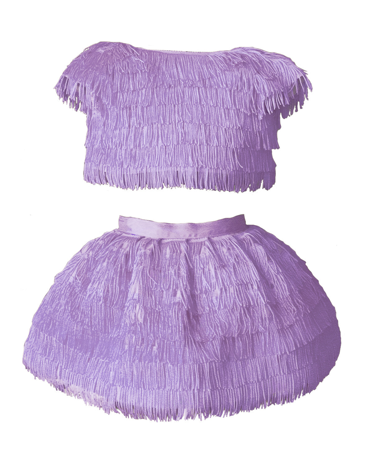 The Minnie, a playful two-piece fringe outfit featuring a cap sleeve top and separate skirt with a tulle lining for extra movement. Designed with rows of silky fringe from top to bottom for maximum fun and flair. Fully lined in silk with a back zip closure. Handcrafted in Brooklyn from satin, poly-blend fringe, and silk, with optional personalized embroidery. Perfect for weddings, parties, and special occasions.