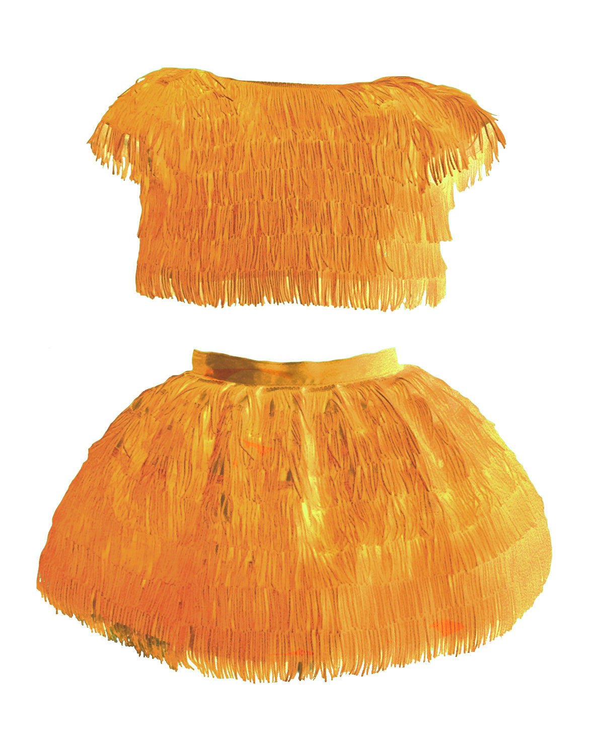The Minnie, a playful two-piece fringe outfit featuring a cap sleeve top and separate skirt with a tulle lining for extra movement. Designed with rows of silky fringe from top to bottom for maximum fun and flair. Fully lined in silk with a back zip closure. Handcrafted in Brooklyn from satin, poly-blend fringe, and silk, with optional personalized embroidery. Perfect for weddings, parties, and special occasions.