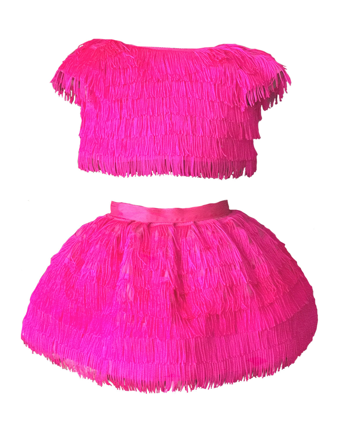The Minnie, a playful two-piece fringe outfit featuring a cap sleeve top and separate skirt with a tulle lining for extra movement. Designed with rows of silky fringe from top to bottom for maximum fun and flair. Fully lined in silk with a back zip closure. Handcrafted in Brooklyn from satin, poly-blend fringe, and silk, with optional personalized embroidery. Perfect for weddings, parties, and special occasions.