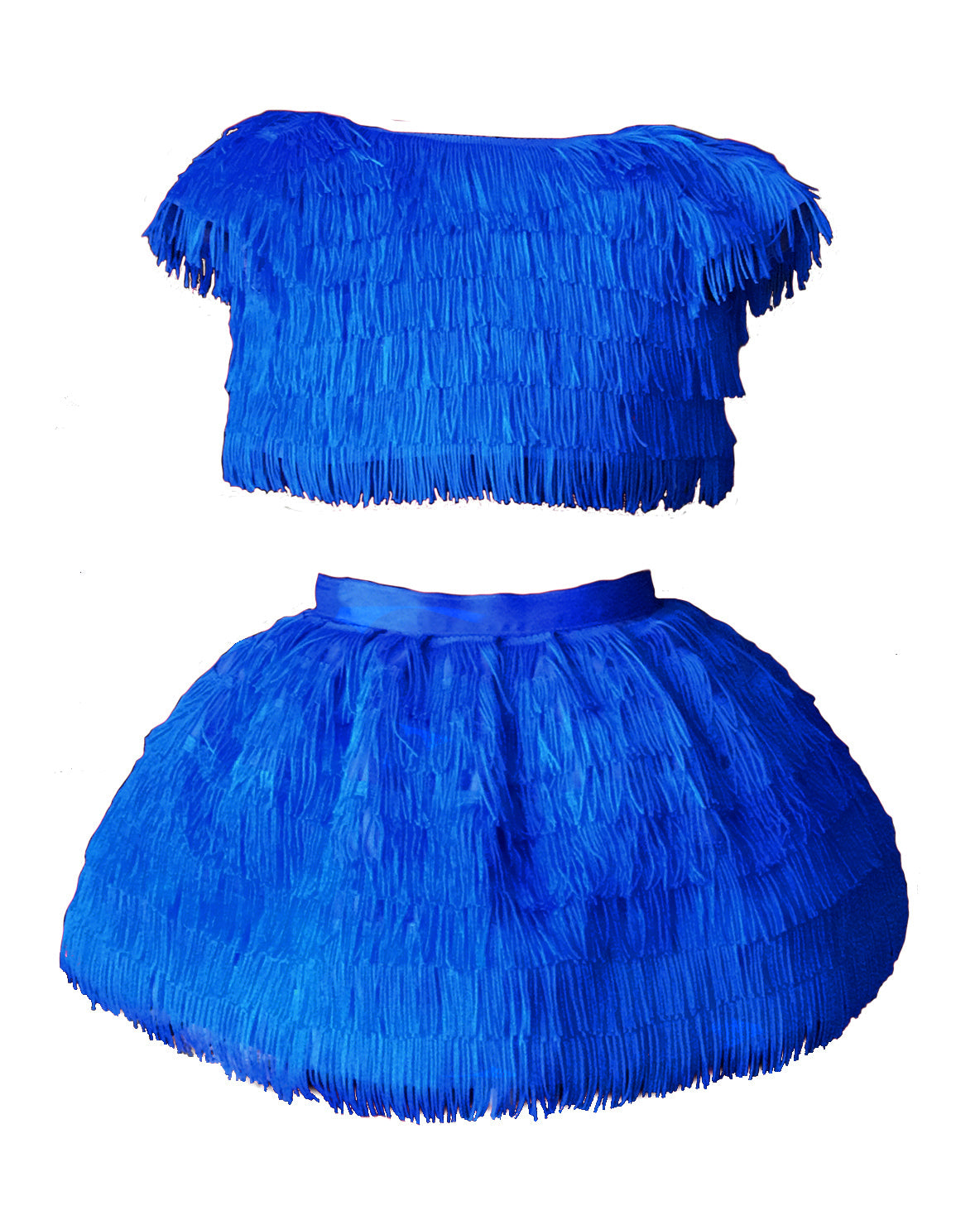 The Minnie, a playful two-piece fringe outfit featuring a cap sleeve top and separate skirt with a tulle lining for extra movement. Designed with rows of silky fringe from top to bottom for maximum fun and flair. Fully lined in silk with a back zip closure. Handcrafted in Brooklyn from satin, poly-blend fringe, and silk, with optional personalized embroidery. Perfect for weddings, parties, and special occasions.
