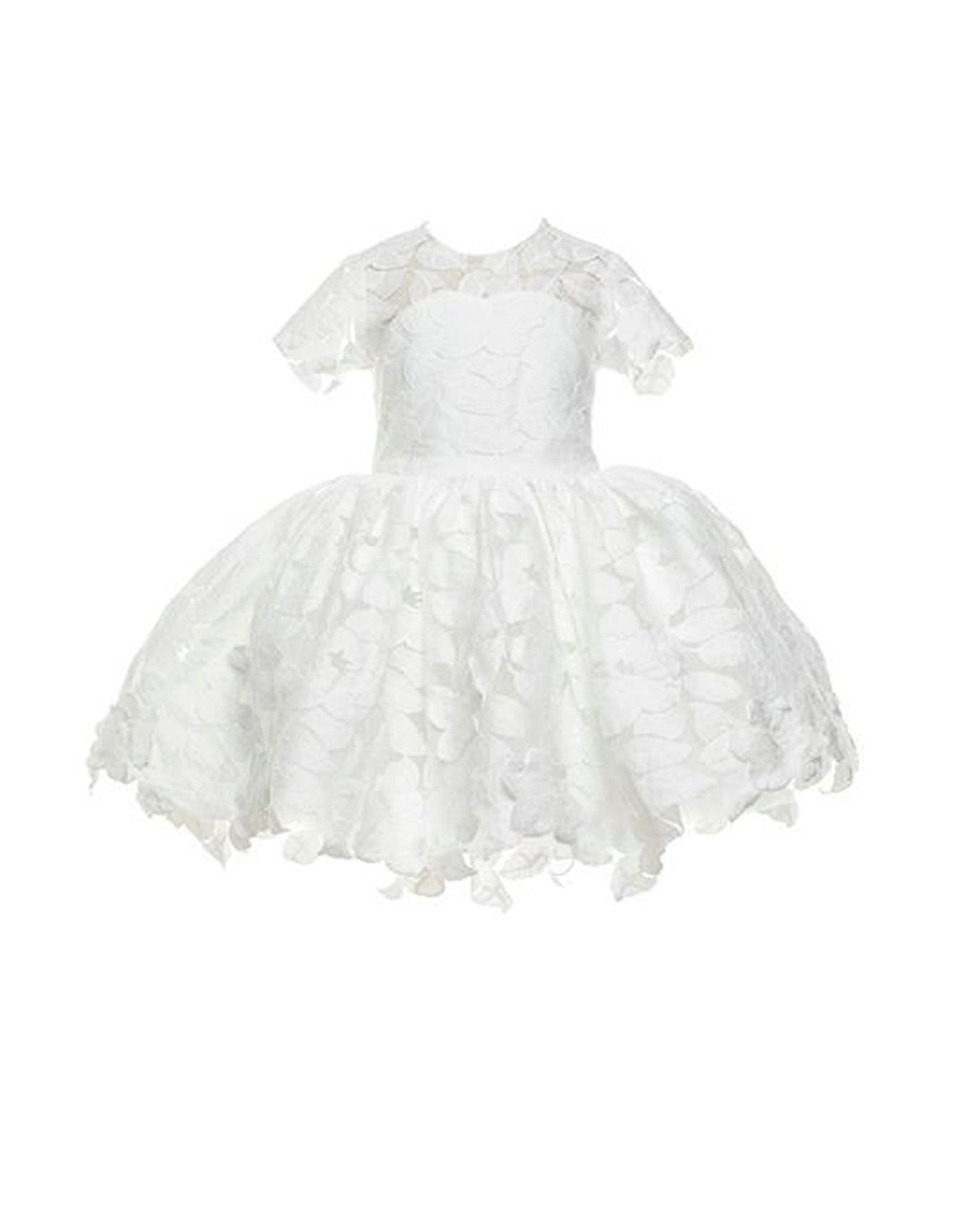 The Baby Annabelle – handcrafted cotton floral lace baby dress with a keyhole back and pearly button closure. Features a full twirl-worthy skirt, silky soft lining, and personalized embroidery. Perfect for first special occasions, weddings, communions, and celebrations