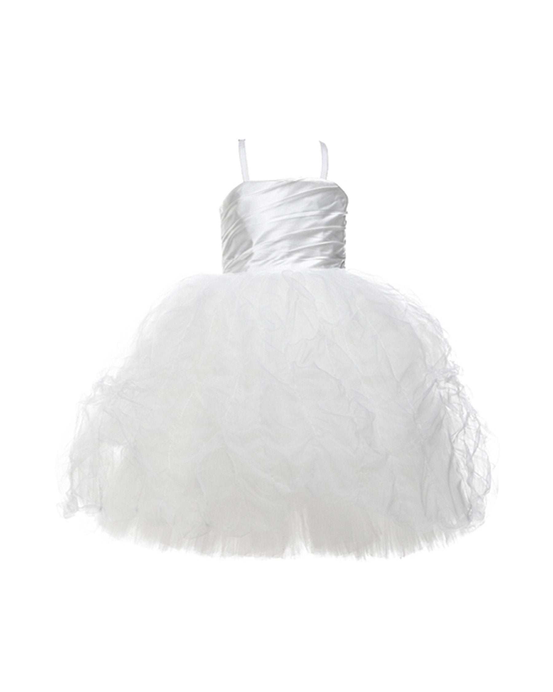 The Baby Lauren dress for flower girls, with satin bodice and hand-pleated tulle skirt – elegant baby dress for weddings and events.
