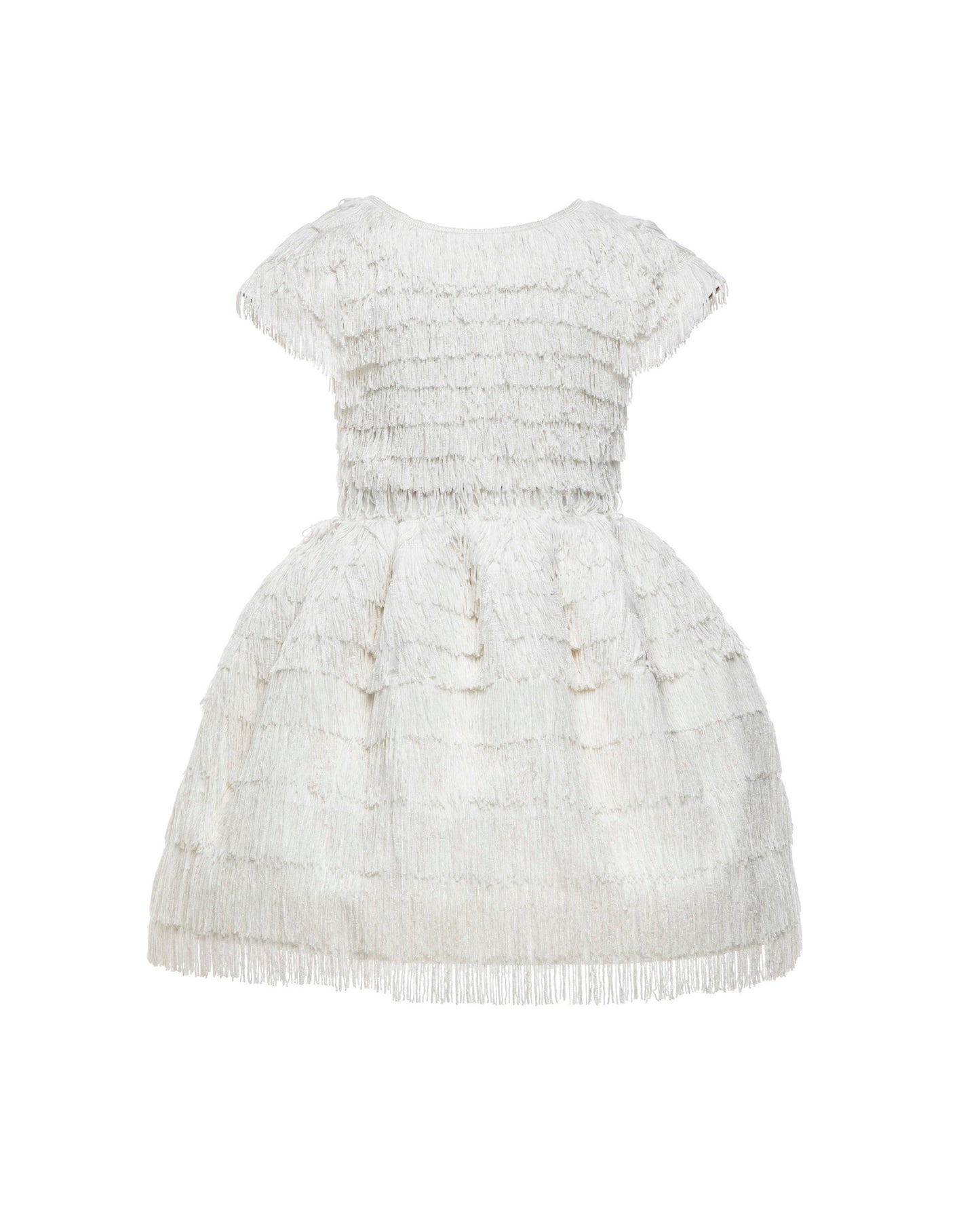 The Vera, a statement two-piece fringe ensemble featuring a cap sleeve top and separate skirt lined with soft tulle. Designed for movement with rows of silky fringe from top to bottom. Fully lined in silk with a back zip closure. Handcrafted in Brooklyn from satin, poly-blend fringe, and silk, with optional personalized embroidery. Perfect for weddings, parties, and special occasions.