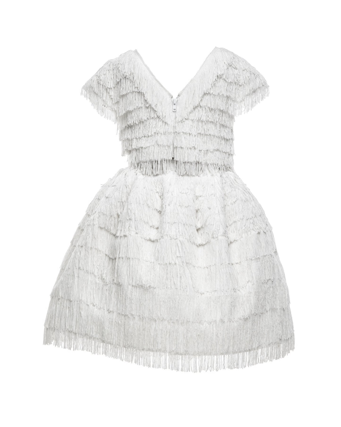 The Vera, a statement two-piece fringe ensemble featuring a cap sleeve top and separate skirt lined with soft tulle. Designed for movement with rows of silky fringe from top to bottom. Fully lined in silk with a back zip closure. Handcrafted in Brooklyn from satin, poly-blend fringe, and silk, with optional personalized embroidery. Perfect for weddings, parties, and special occasions.