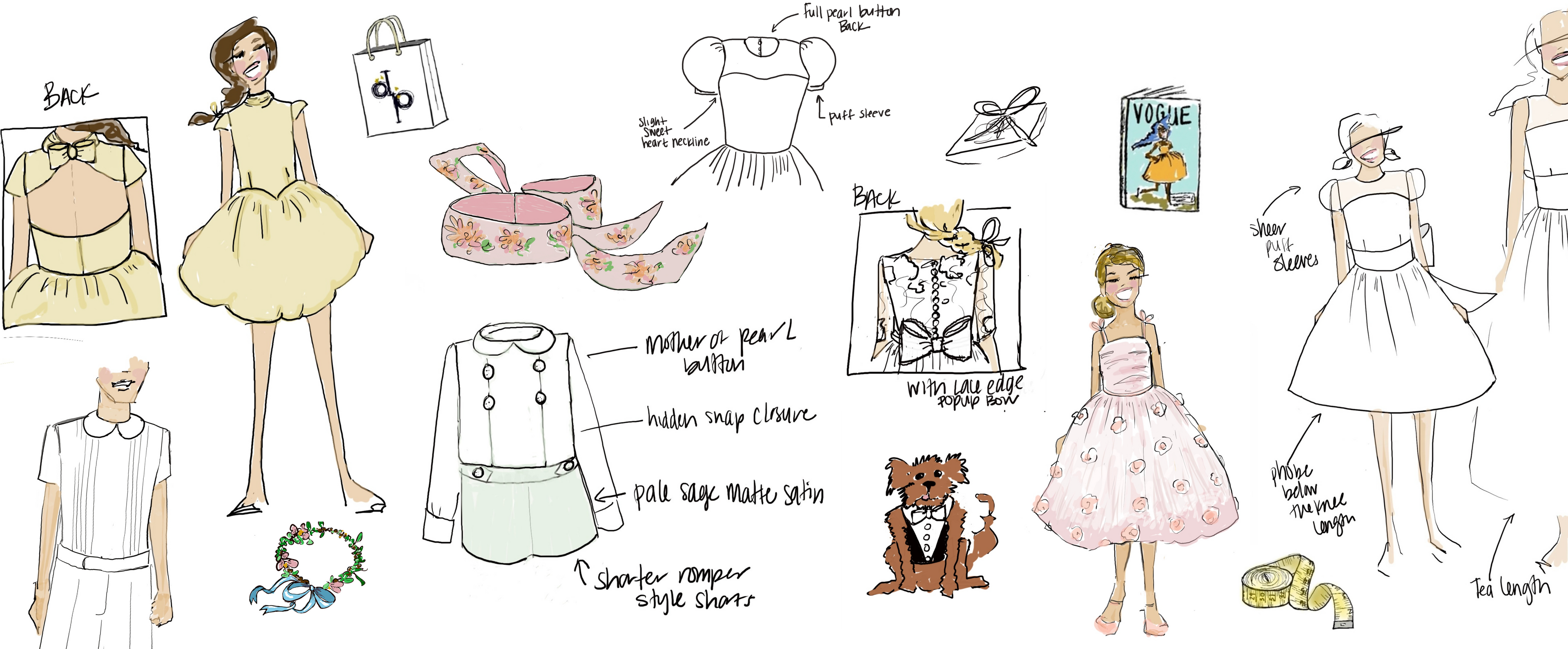 Illustrations of bespoke flower girls, accesories, pets outfits and ring bearers designs