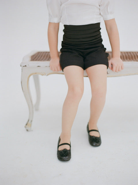 tuxedo inspired flower girl outfit with shorts for formal wedding
