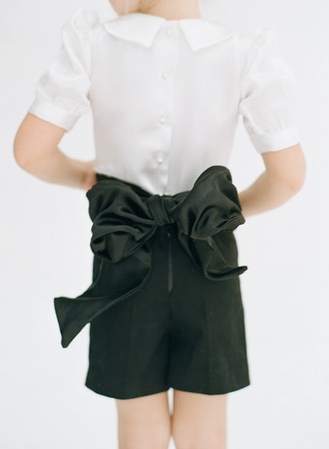 tuxedo inspired flower girl outfit with shorts for formal wedding