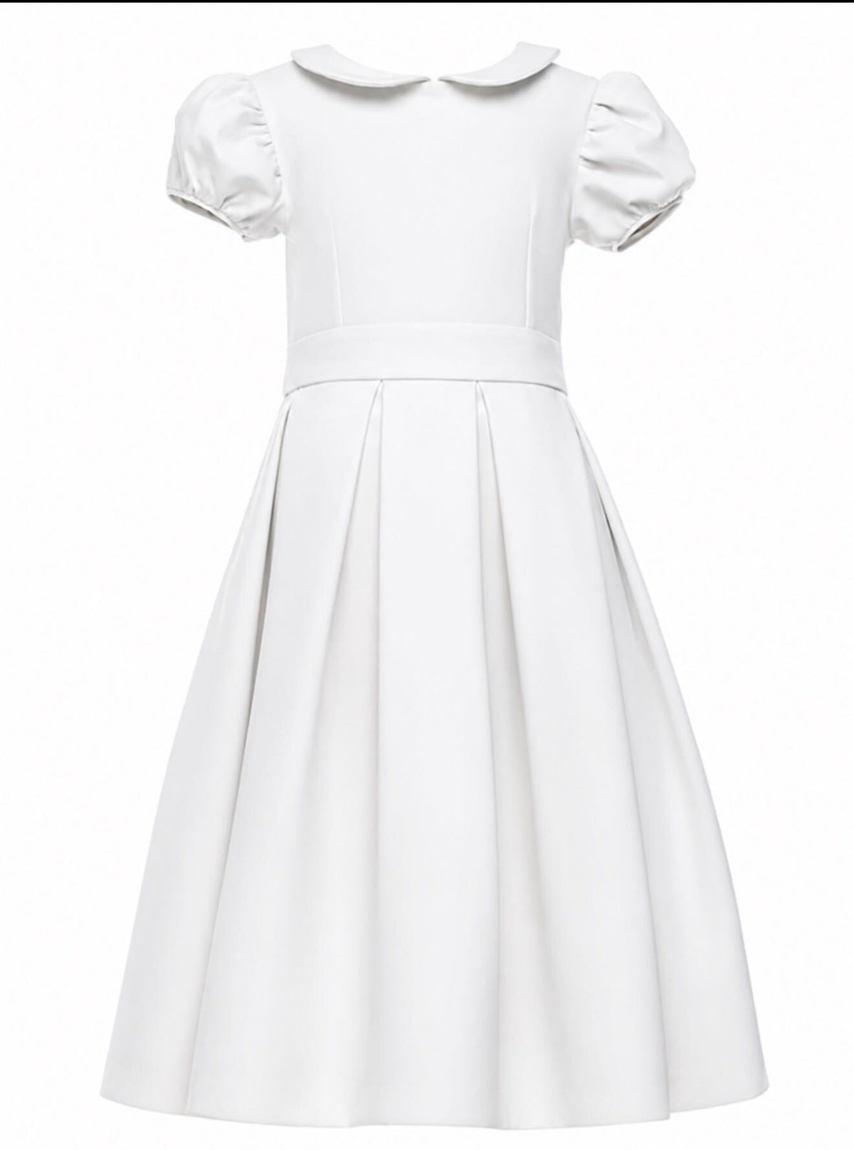 Satin and silk classic flower girl dress for fall-winter weddings and first communions with precise seams, puffed sleeves, Peter Pan collar and a box-pleated skirt.