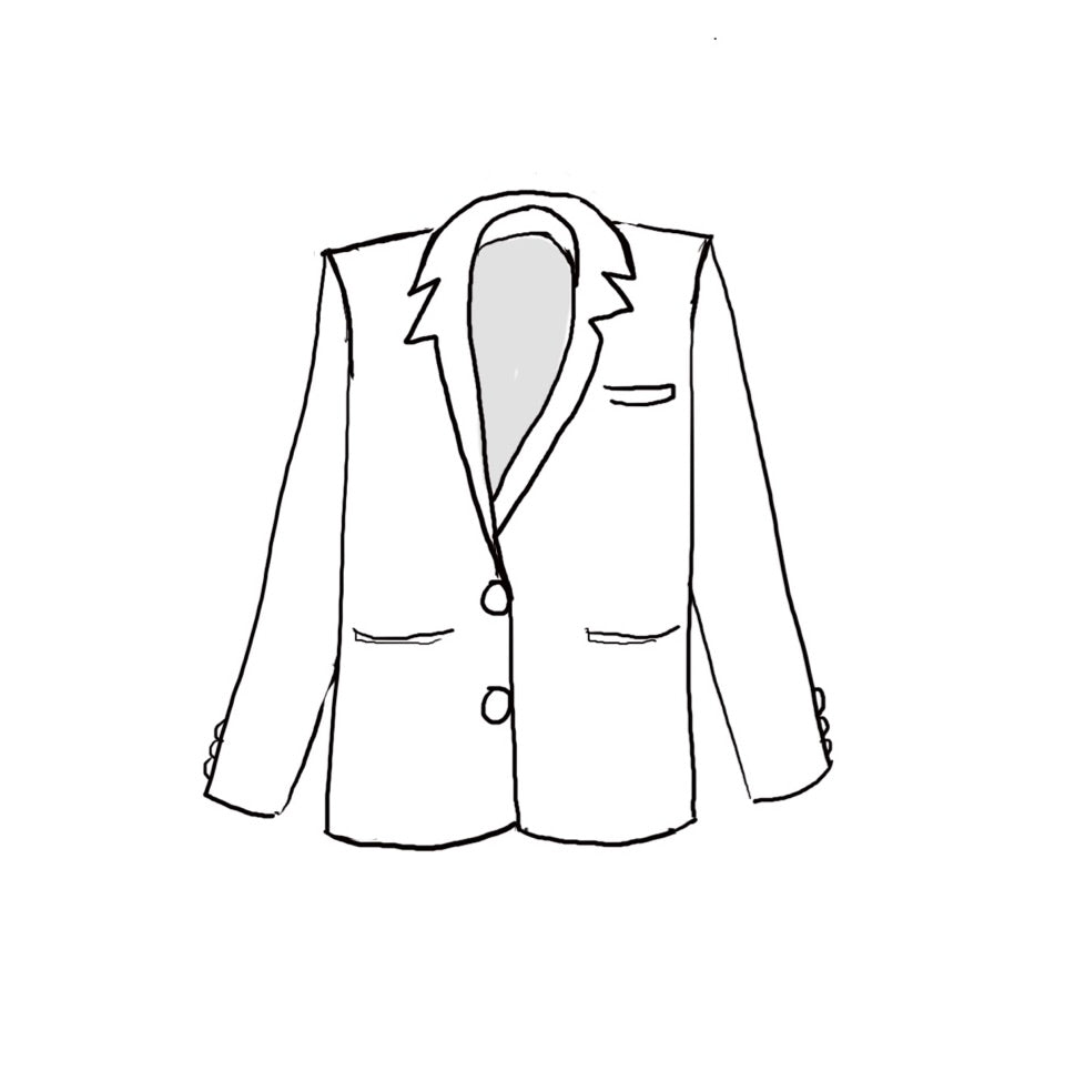 Illustration of a classic peak lapel tuxedo jacket with structured shoulders and satin-covered buttons, for black tie weddings and red carpet occasions