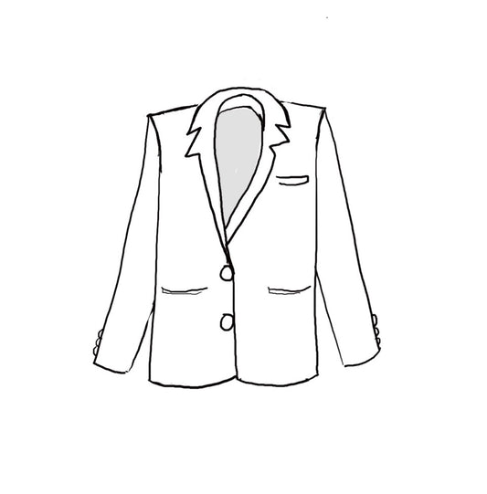 Illustration of a classic peak lapel tuxedo jacket with structured shoulders and satin-covered buttons, for black tie weddings and red carpet occasions
